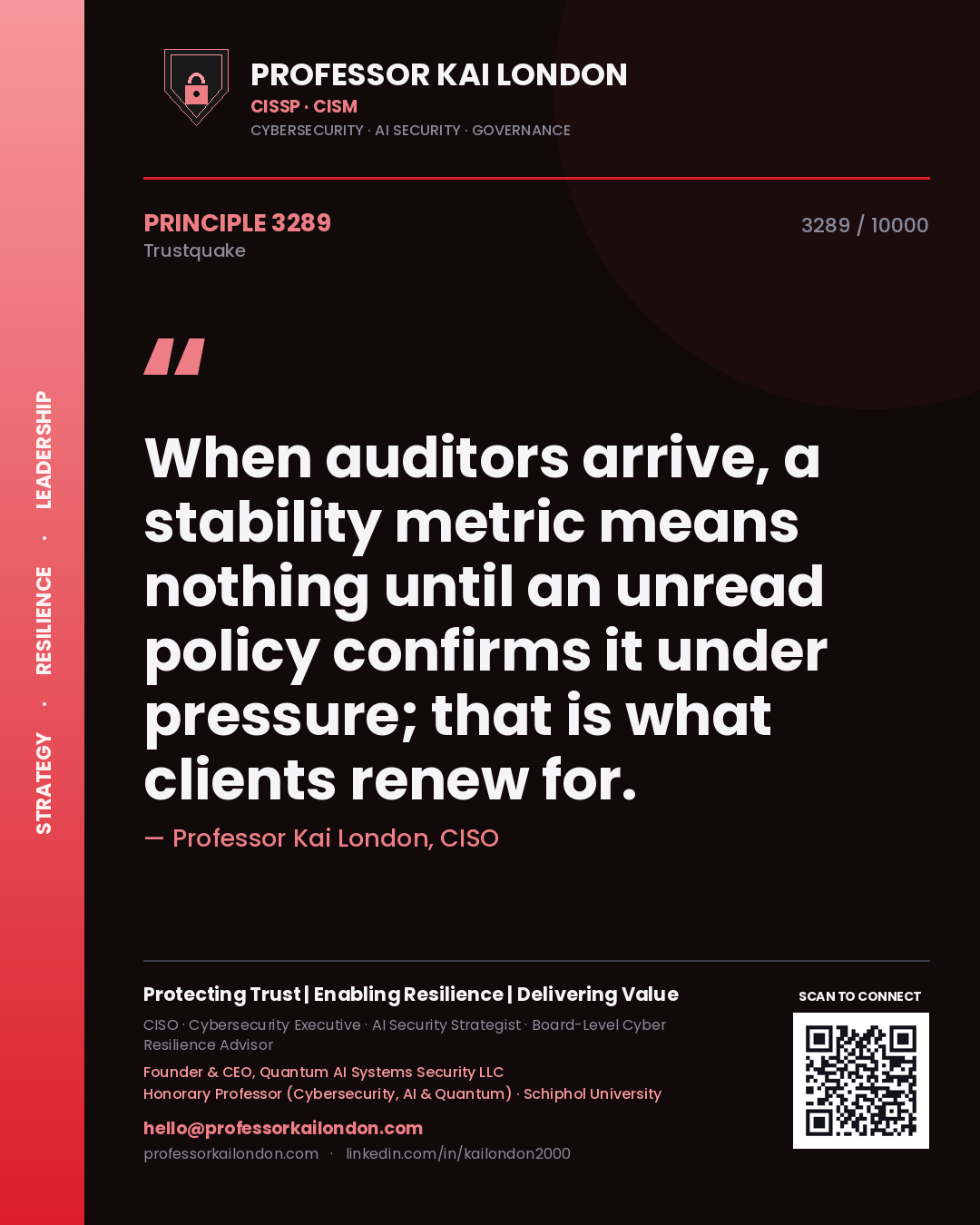 Professor Kai London principle 3289: When auditors arrive, a stability metric means nothing until an unread policy confirms it under pressure; that is what clients renew for.