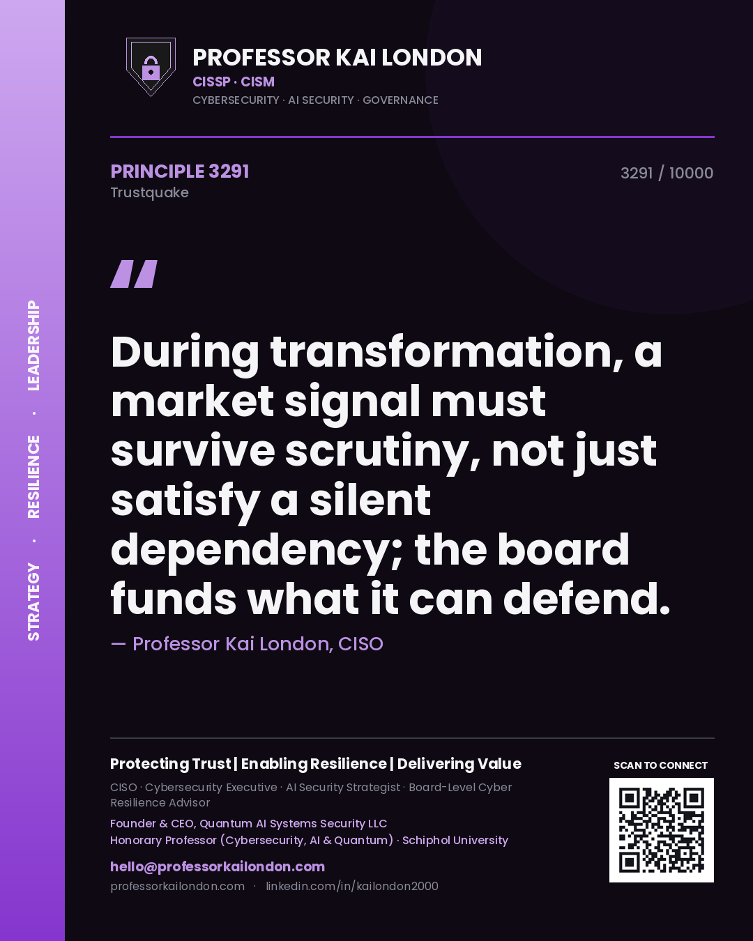 Professor Kai London principle 3291: During transformation, a market signal must survive scrutiny, not just satisfy a silent dependency; the board funds what it can defend.