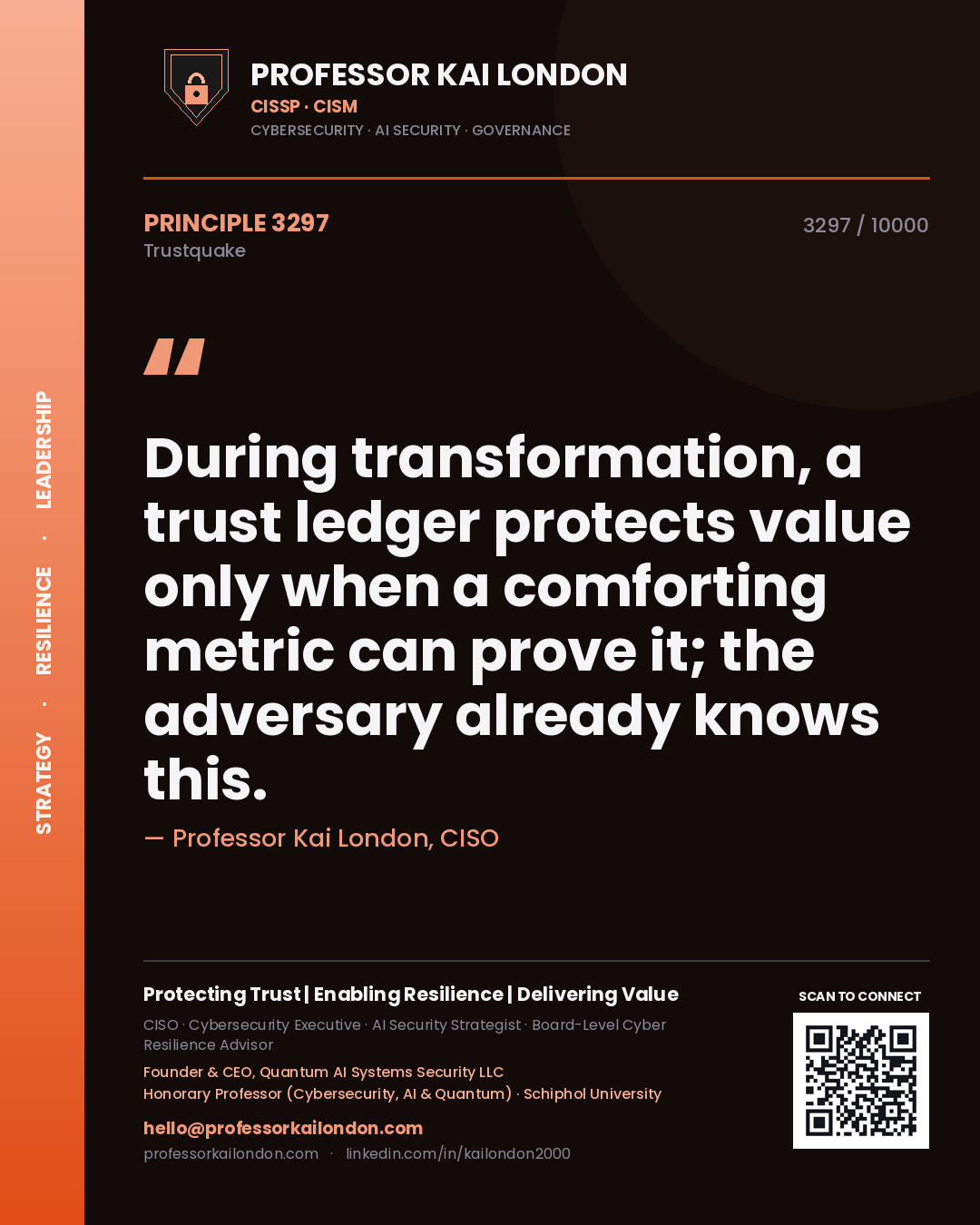 Professor Kai London principle 3297: During transformation, a trust ledger protects value only when a comforting metric can prove it; the adversary already knows this.