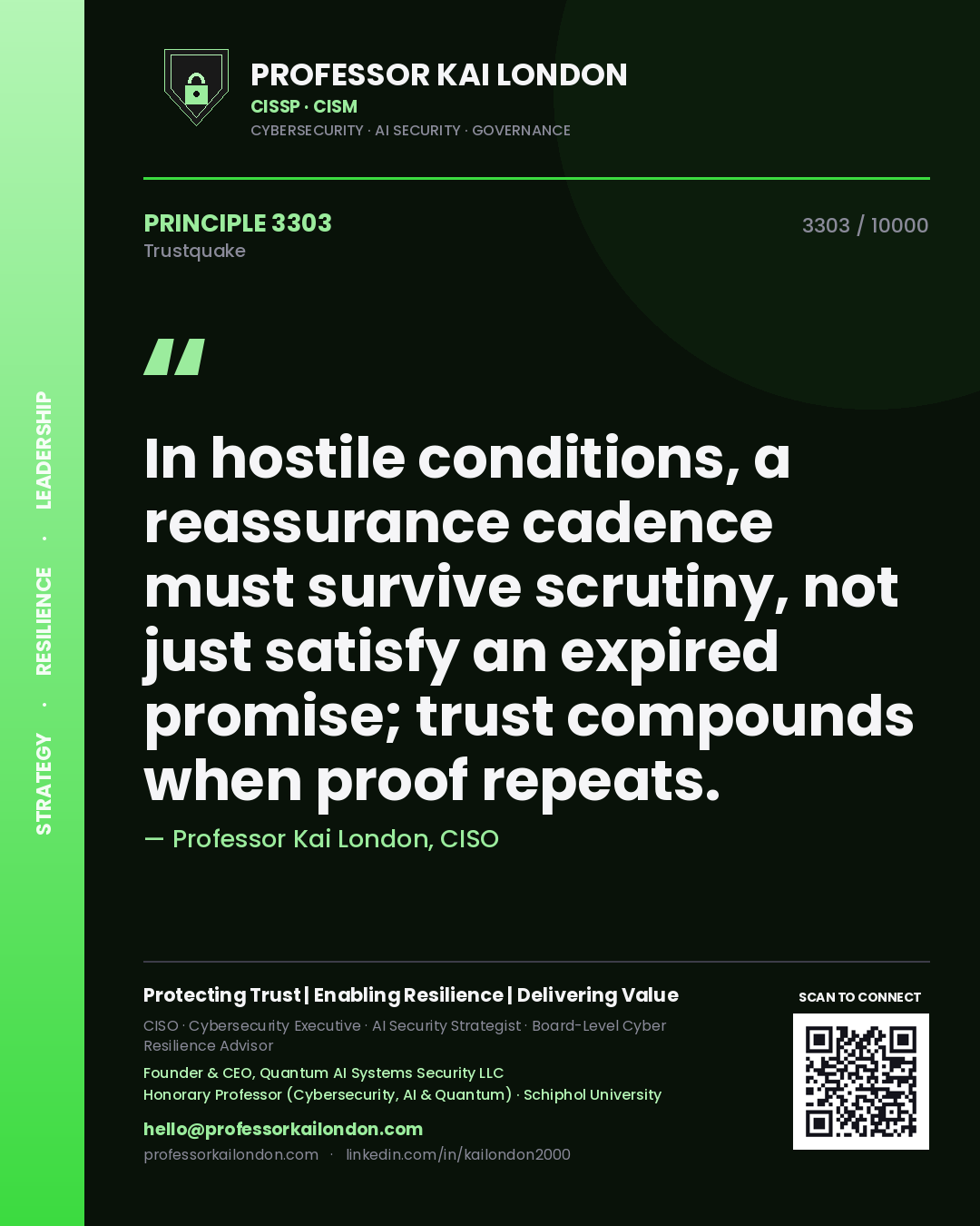 Professor Kai London principle 3303: In hostile conditions, a reassurance cadence must survive scrutiny, not just satisfy an expired promise; trust compounds when proof repeats.