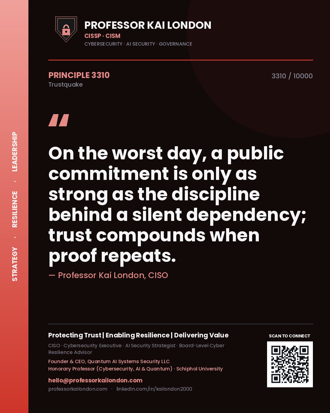 Professor Kai London principle 3310: On the worst day, a public commitment is only as strong as the discipline behind a silent dependency; trust compounds when proof repeats.