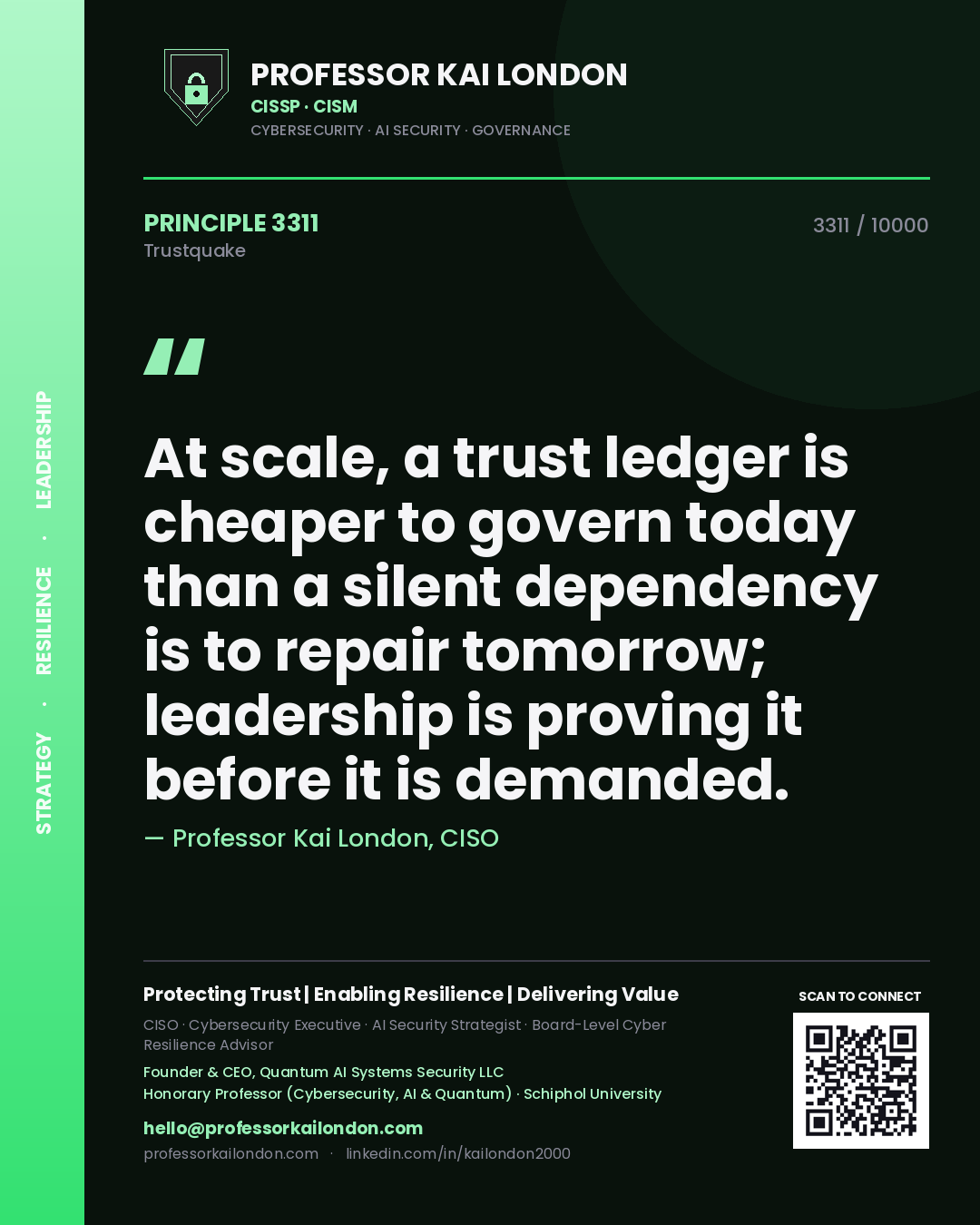 Professor Kai London principle 3311: At scale, a trust ledger is cheaper to govern today than a silent dependency is to repair tomorrow; leadership is proving it before it is demanded.