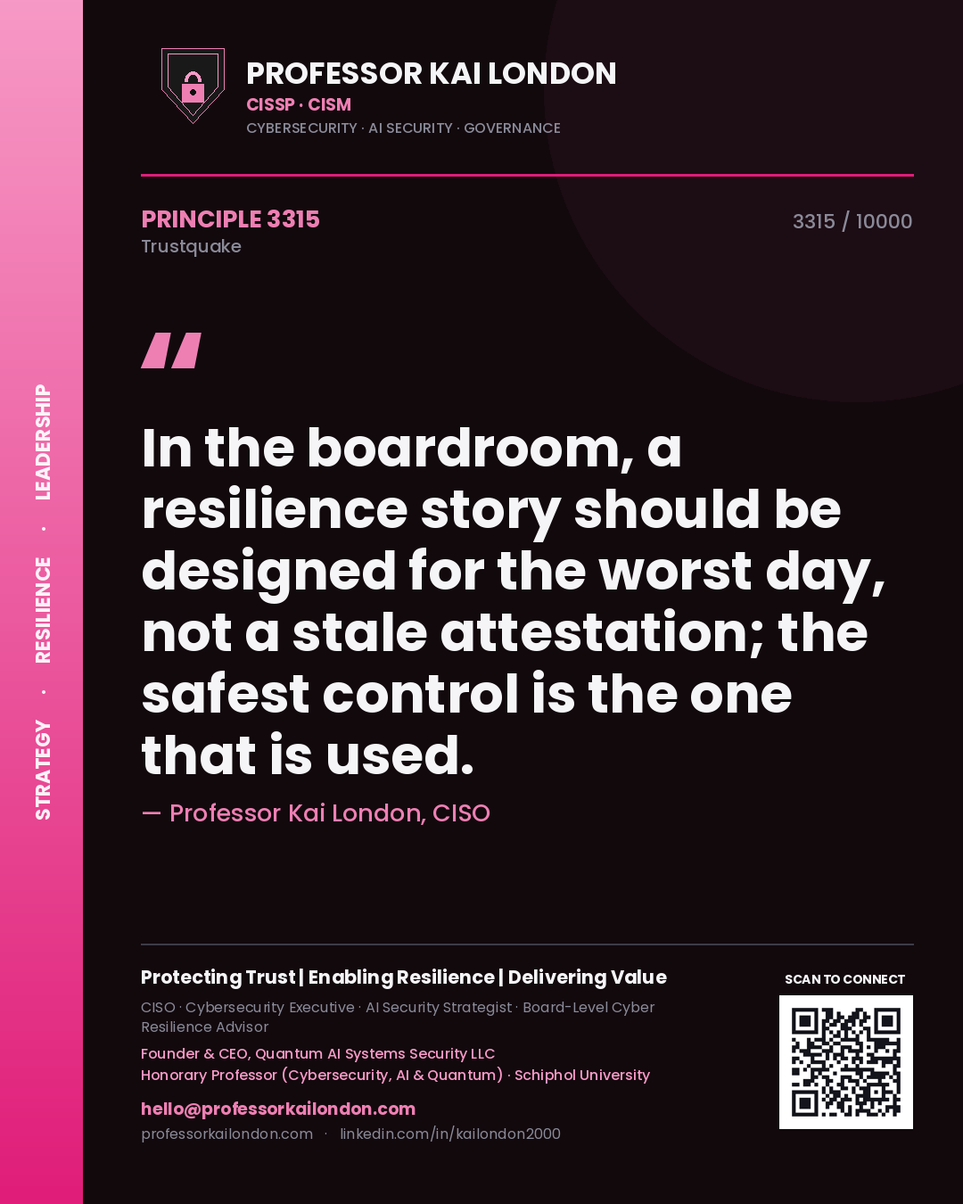 Professor Kai London principle 3315: In the boardroom, a resilience story should be designed for the worst day, not a stale attestation; the safest control is the one that is used.