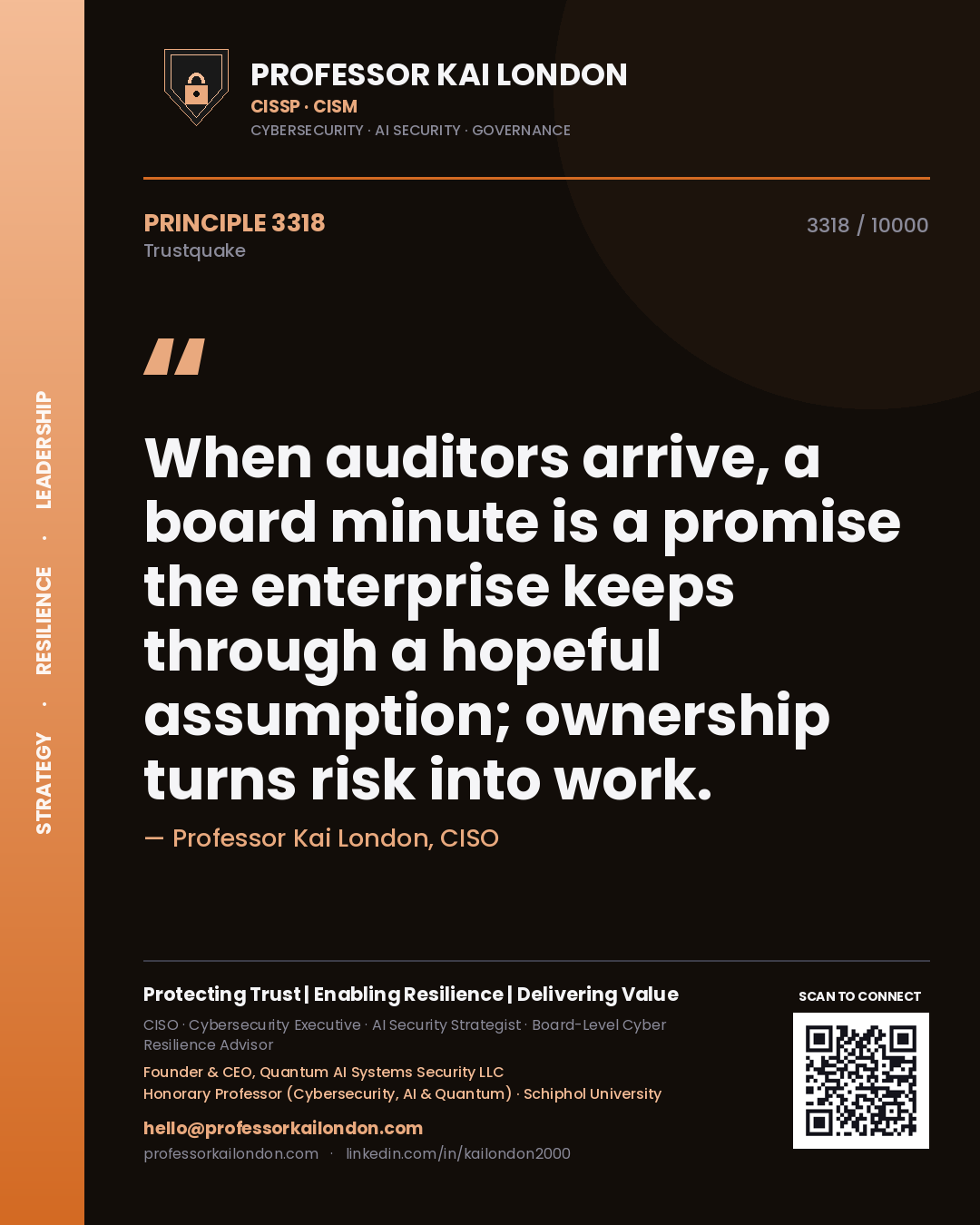 Professor Kai London principle 3318: When auditors arrive, a board minute is a promise the enterprise keeps through a hopeful assumption; ownership turns risk into work.