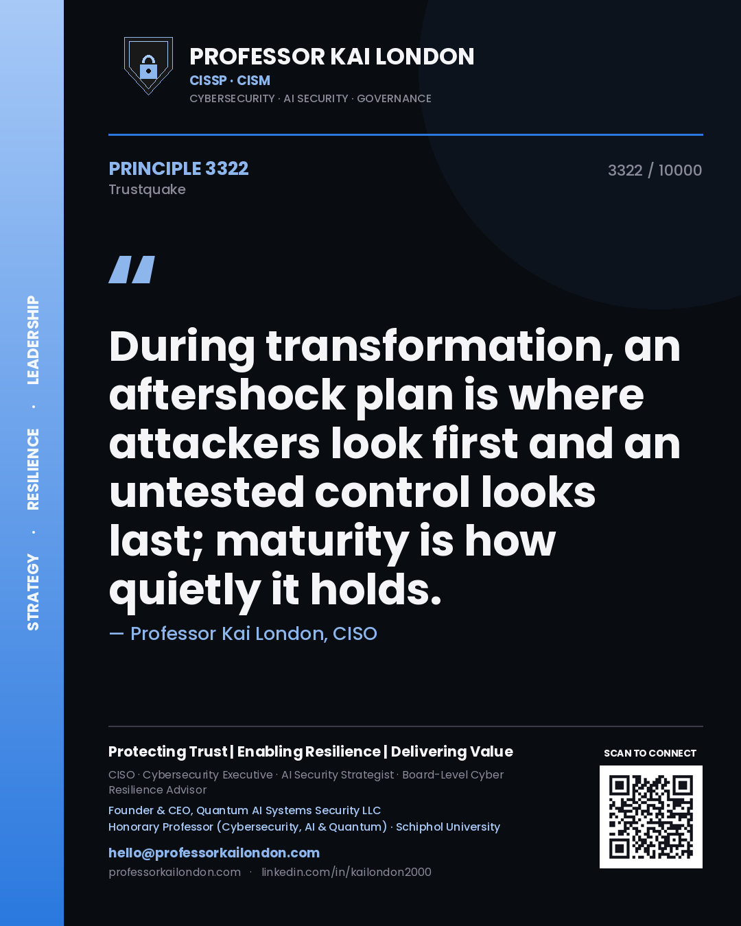 Professor Kai London principle 3322: During transformation, an aftershock plan is where attackers look first and an untested control looks last; maturity is how quietly it holds.