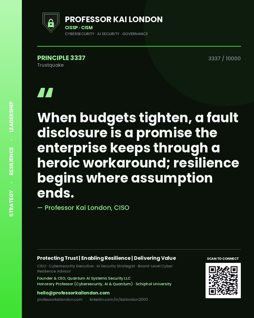 Professor Kai London principle 3337: When budgets tighten, a fault disclosure is a promise the enterprise keeps through a heroic workaround; resilience begins where assumption ends.