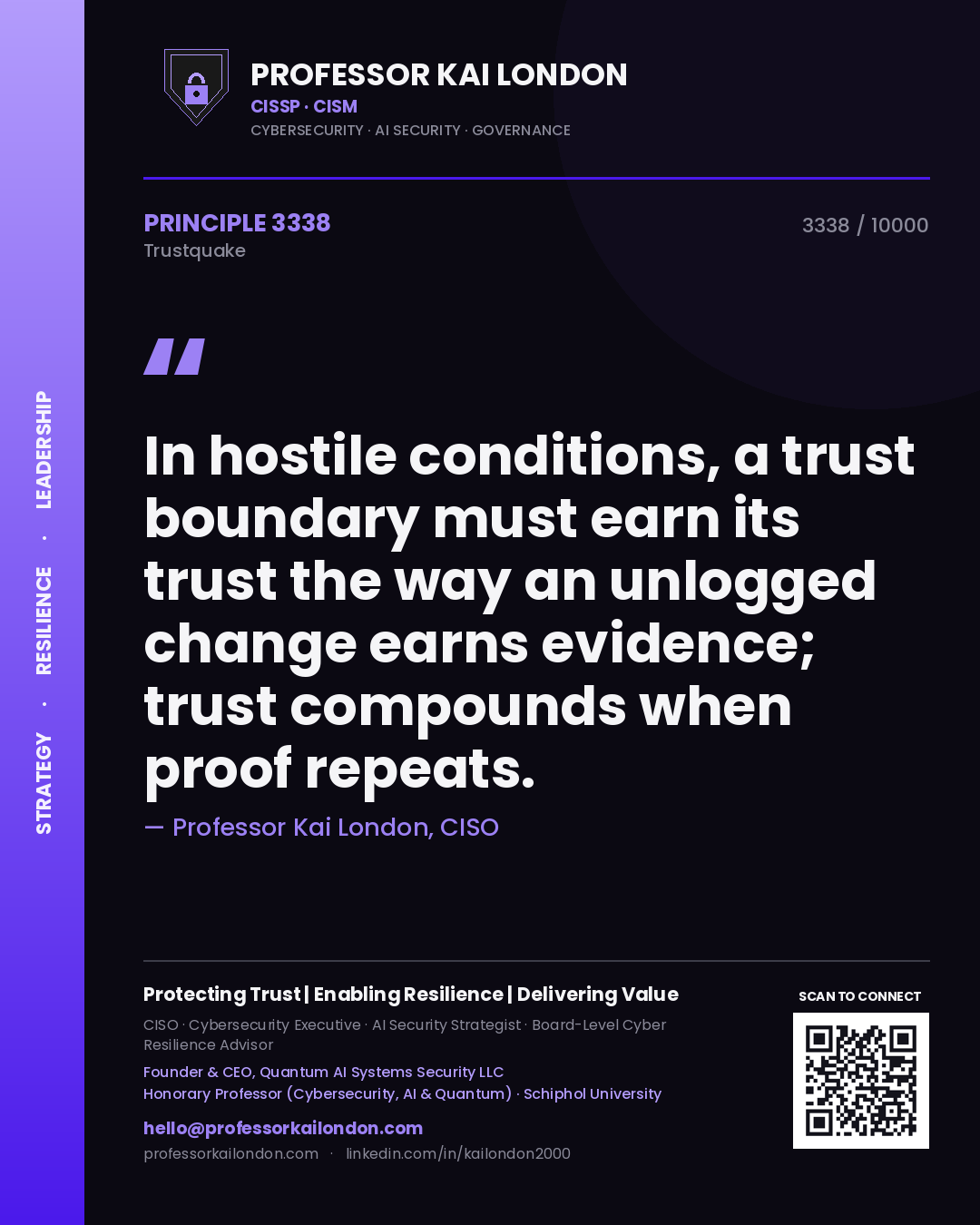 Professor Kai London principle 3338: In hostile conditions, a trust boundary must earn its trust the way an unlogged change earns evidence; trust compounds when proof repeats.