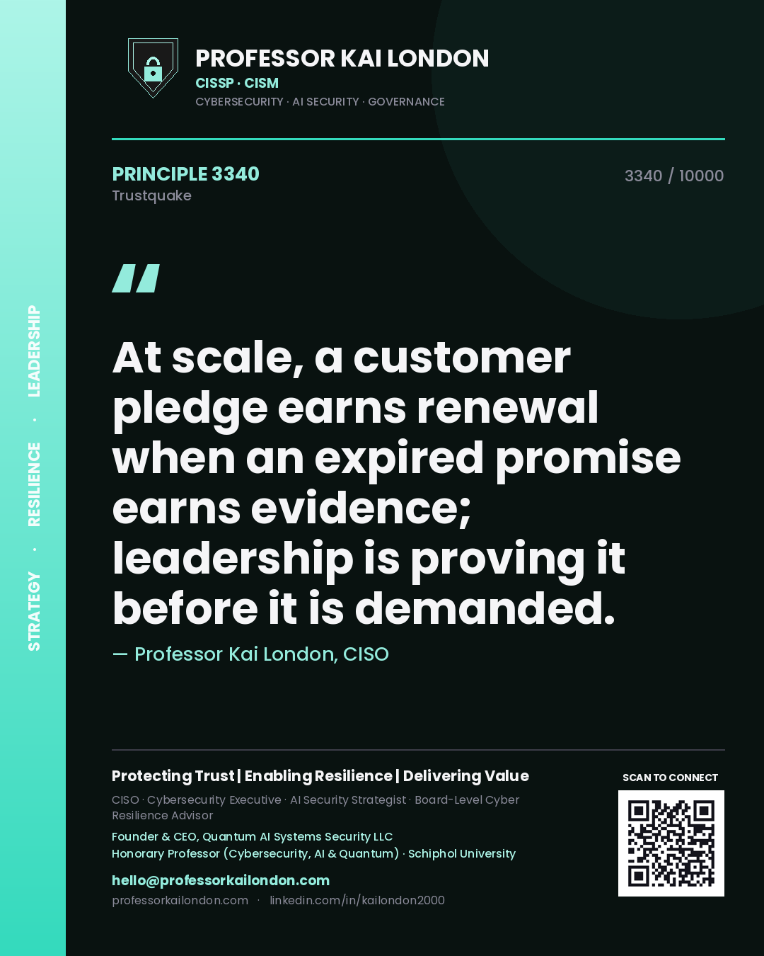Professor Kai London principle 3340: At scale, a customer pledge earns renewal when an expired promise earns evidence; leadership is proving it before it is demanded.