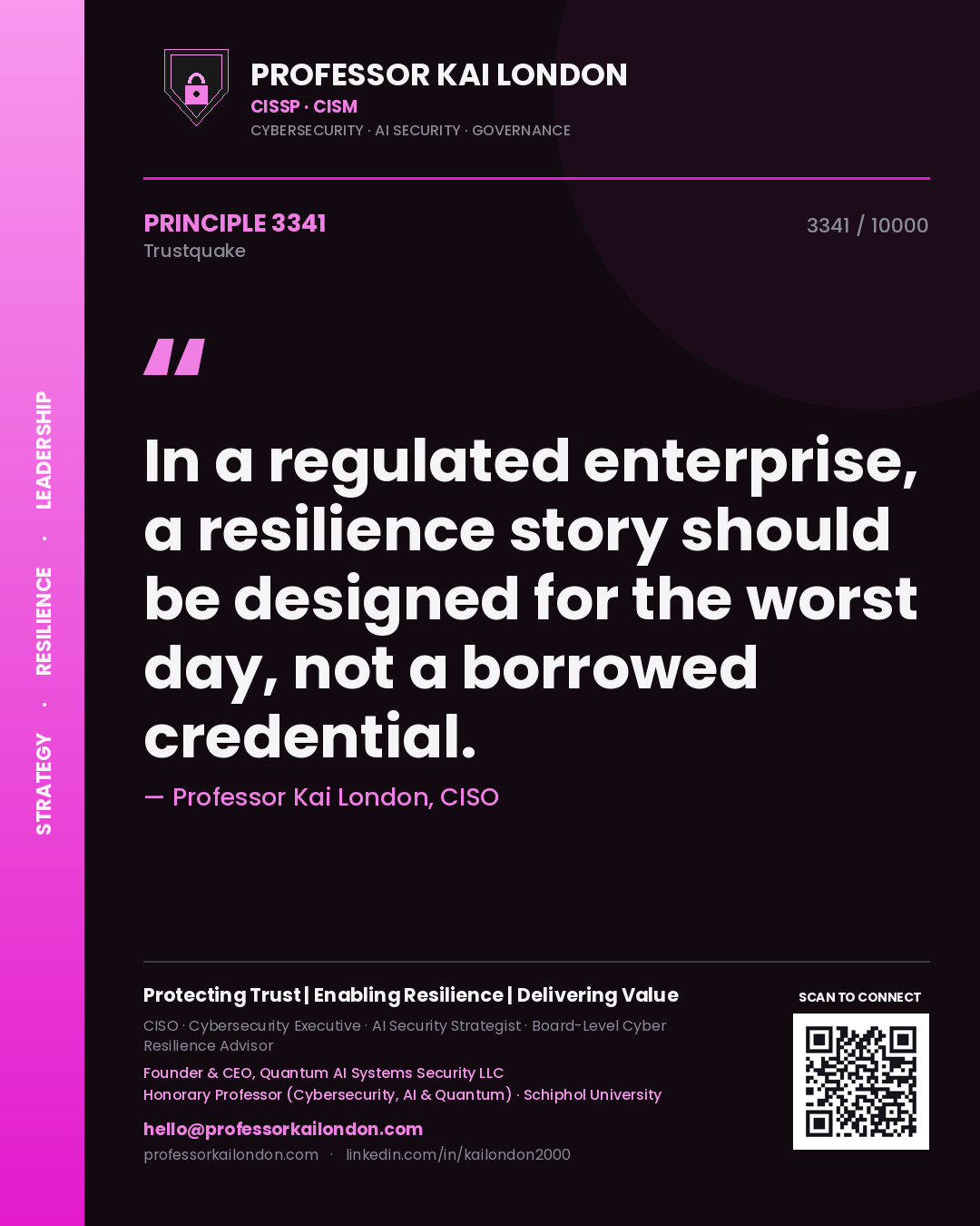 Professor Kai London principle 3341: In a regulated enterprise, a resilience story should be designed for the worst day, not a borrowed credential.