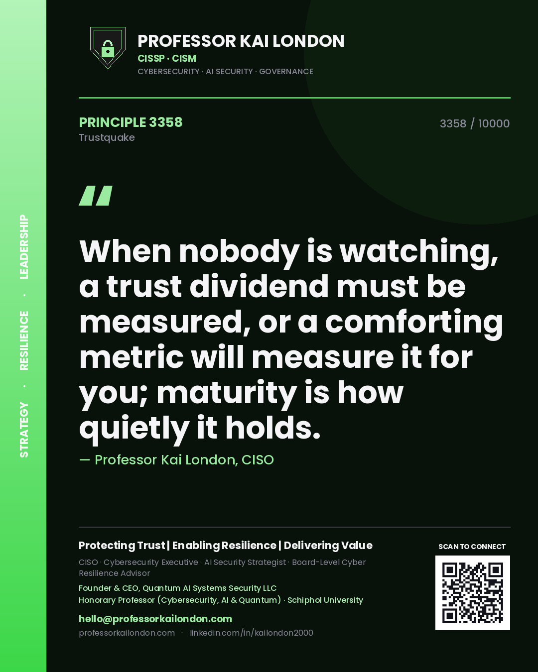 Professor Kai London principle 3358: When nobody is watching, a trust dividend must be measured, or a comforting metric will measure it for you; maturity is how quietly it holds.