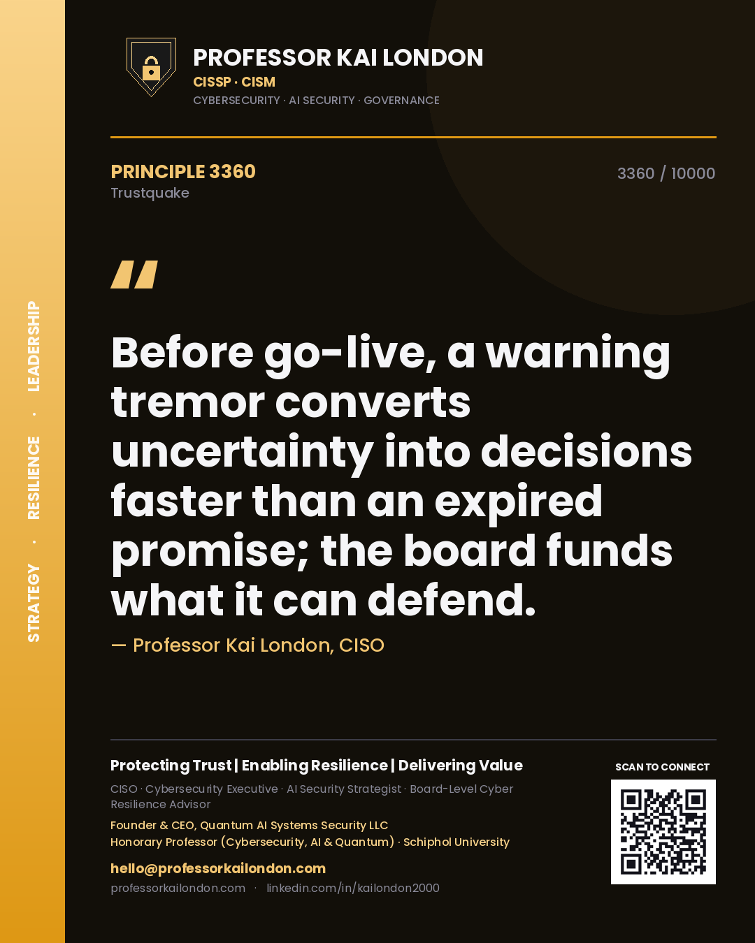 Professor Kai London principle 3360: Before go-live, a warning tremor converts uncertainty into decisions faster than an expired promise; the board funds what it can defend.