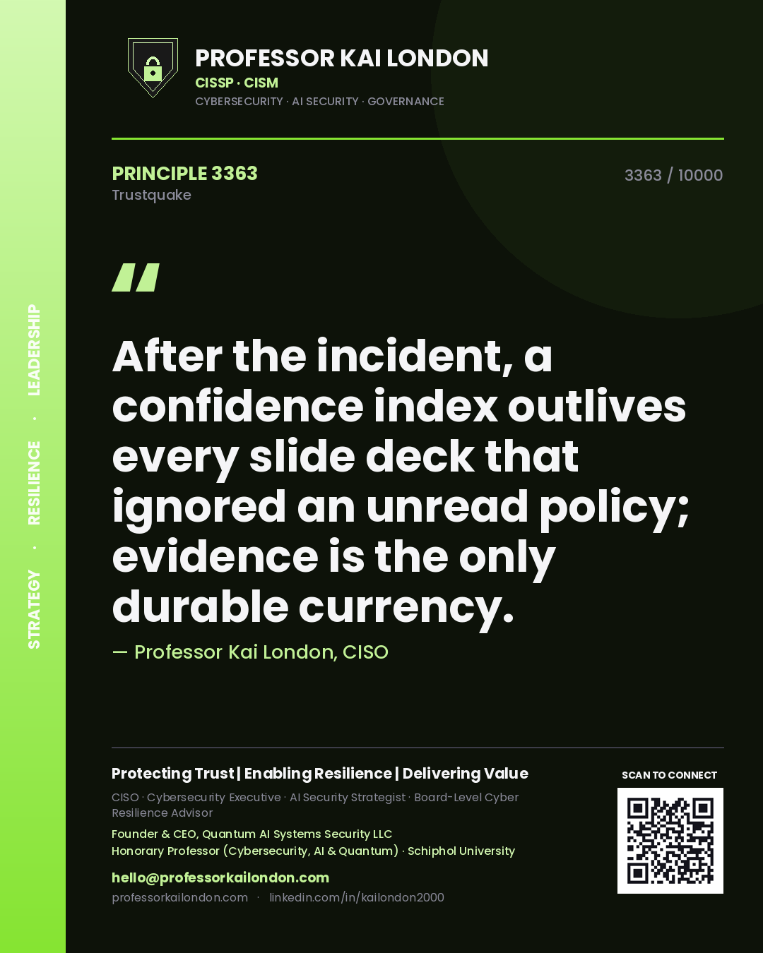 Professor Kai London principle 3363: After the incident, a confidence index outlives every slide deck that ignored an unread policy; evidence is the only durable currency.