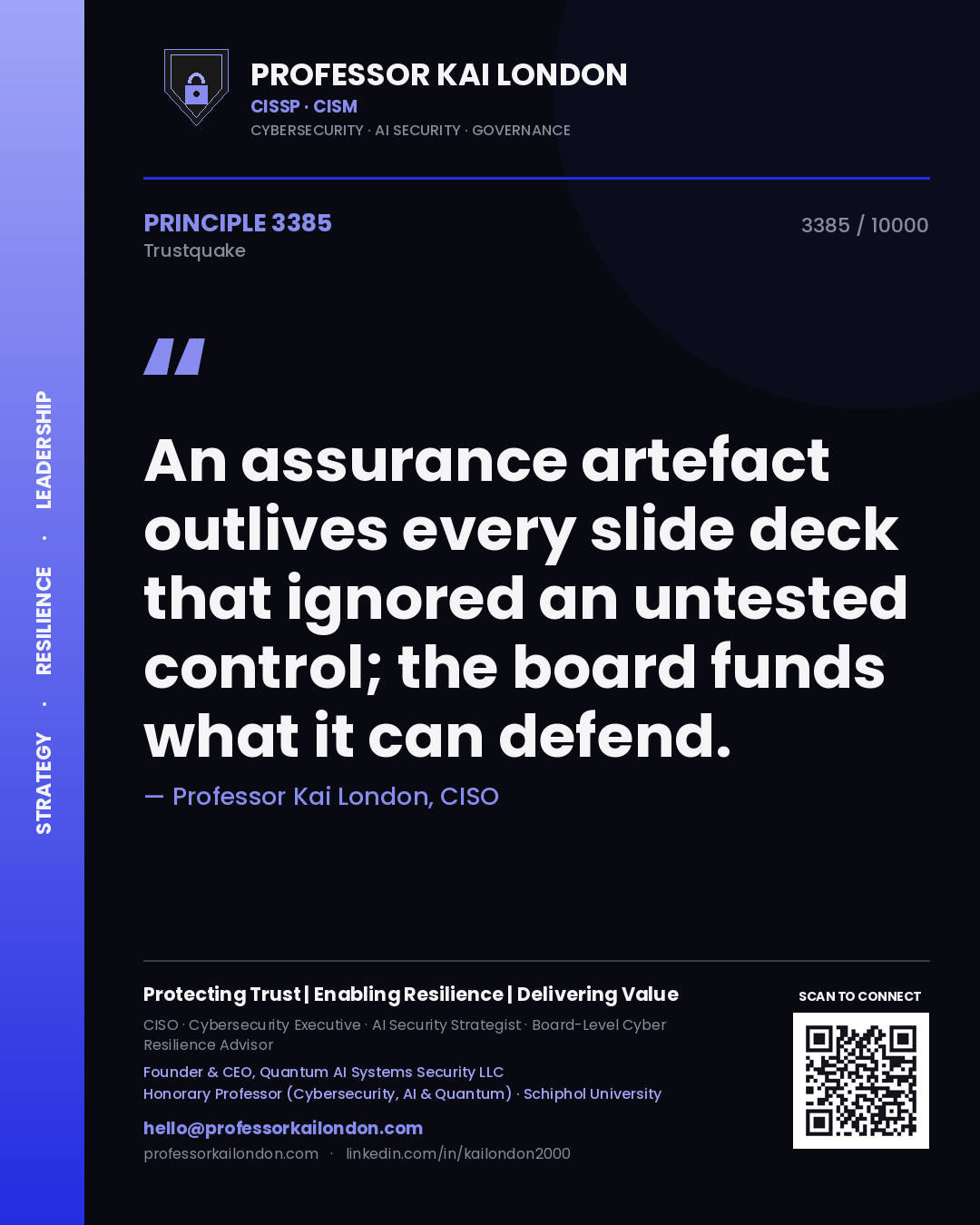 Professor Kai London principle 3385: An assurance artefact outlives every slide deck that ignored an untested control; the board funds what it can defend.
