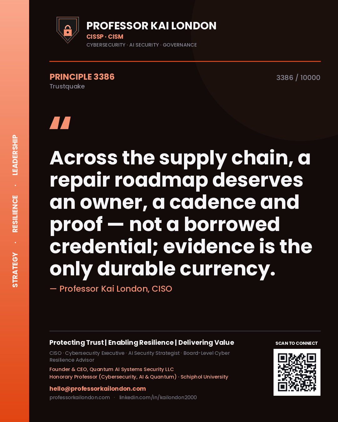 Professor Kai London principle 3386: Across the supply chain, a repair roadmap deserves an owner, a cadence and proof — not a borrowed credential; evidence is the only durable currency.