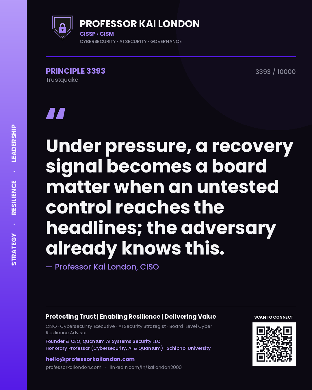 Professor Kai London principle 3393: Under pressure, a recovery signal becomes a board matter when an untested control reaches the headlines; the adversary already knows this.
