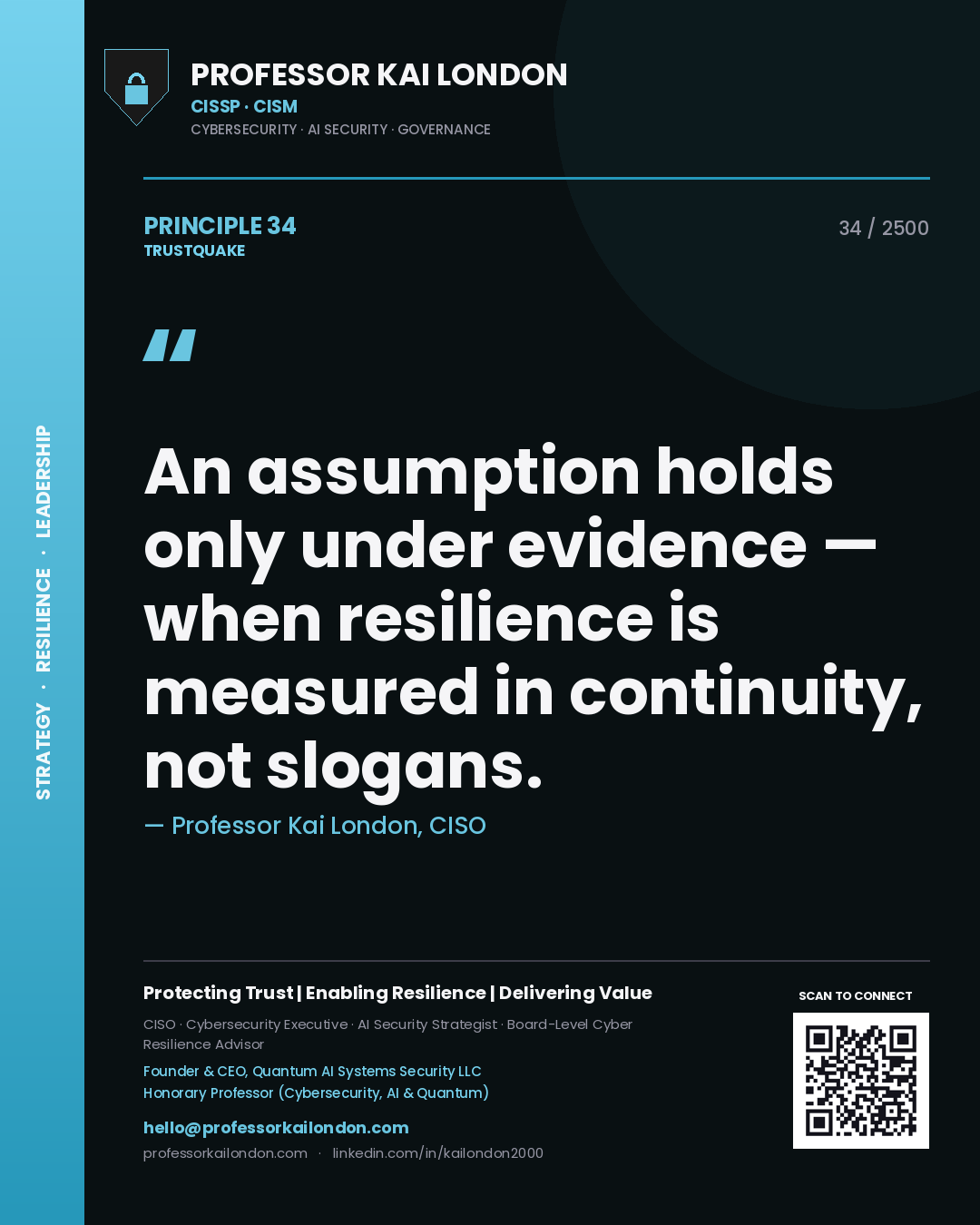 Professor Kai London principle 34: An assumption holds only under evidence — when resilience is measured in continuity, not slogans.