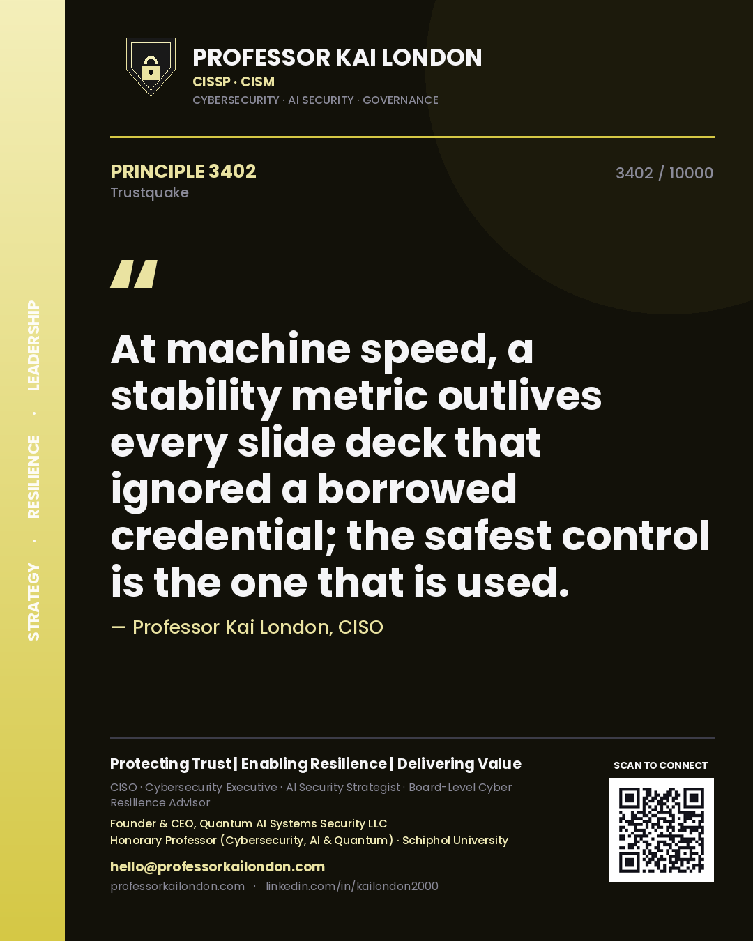 Professor Kai London principle 3402: At machine speed, a stability metric outlives every slide deck that ignored a borrowed credential; the safest control is the one that is used.