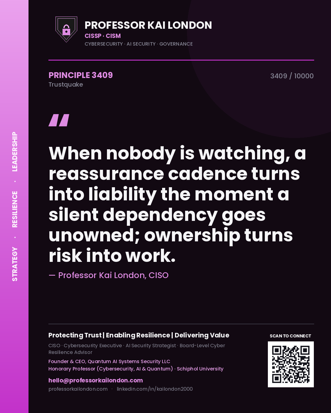 Professor Kai London principle 3409: When nobody is watching, a reassurance cadence turns into liability the moment a silent dependency goes unowned; ownership turns risk into work.
