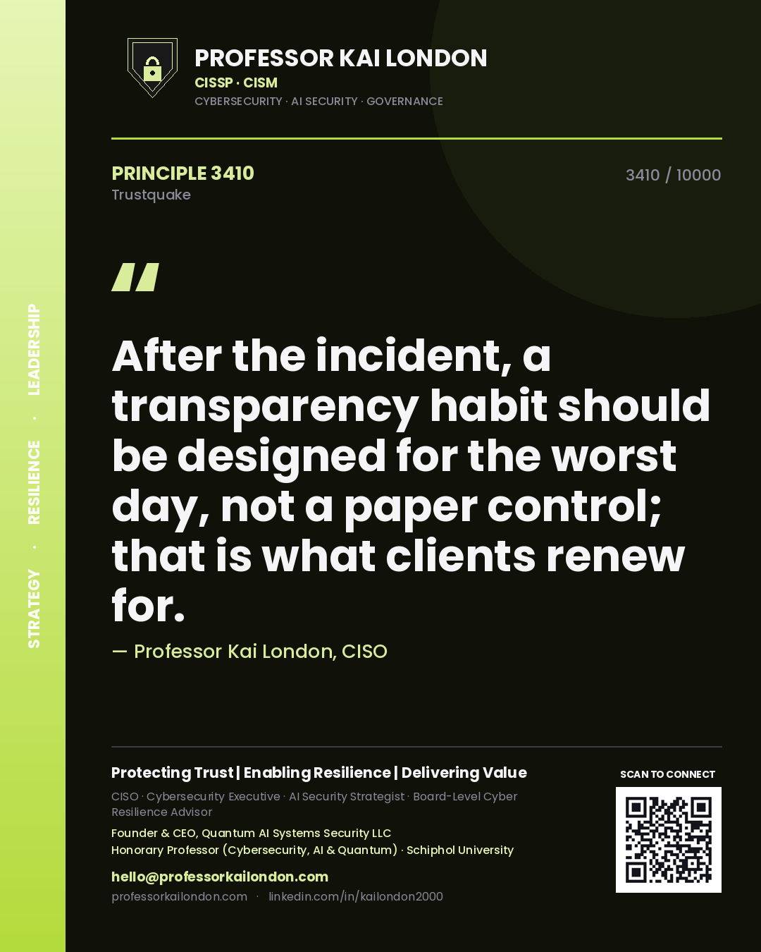 Professor Kai London principle 3410: After the incident, a transparency habit should be designed for the worst day, not a paper control; that is what clients renew for.