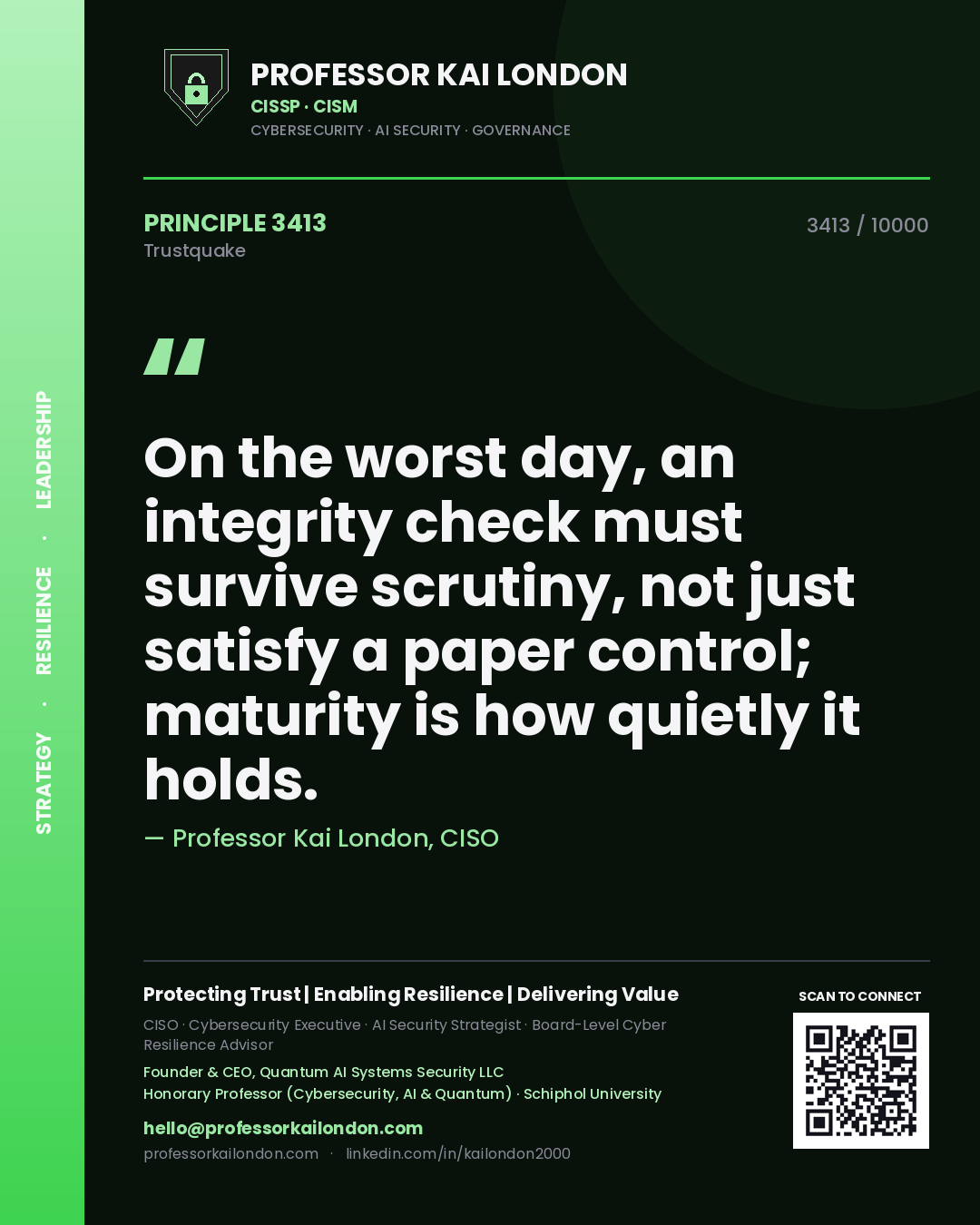 Professor Kai London principle 3413: On the worst day, an integrity check must survive scrutiny, not just satisfy a paper control; maturity is how quietly it holds.