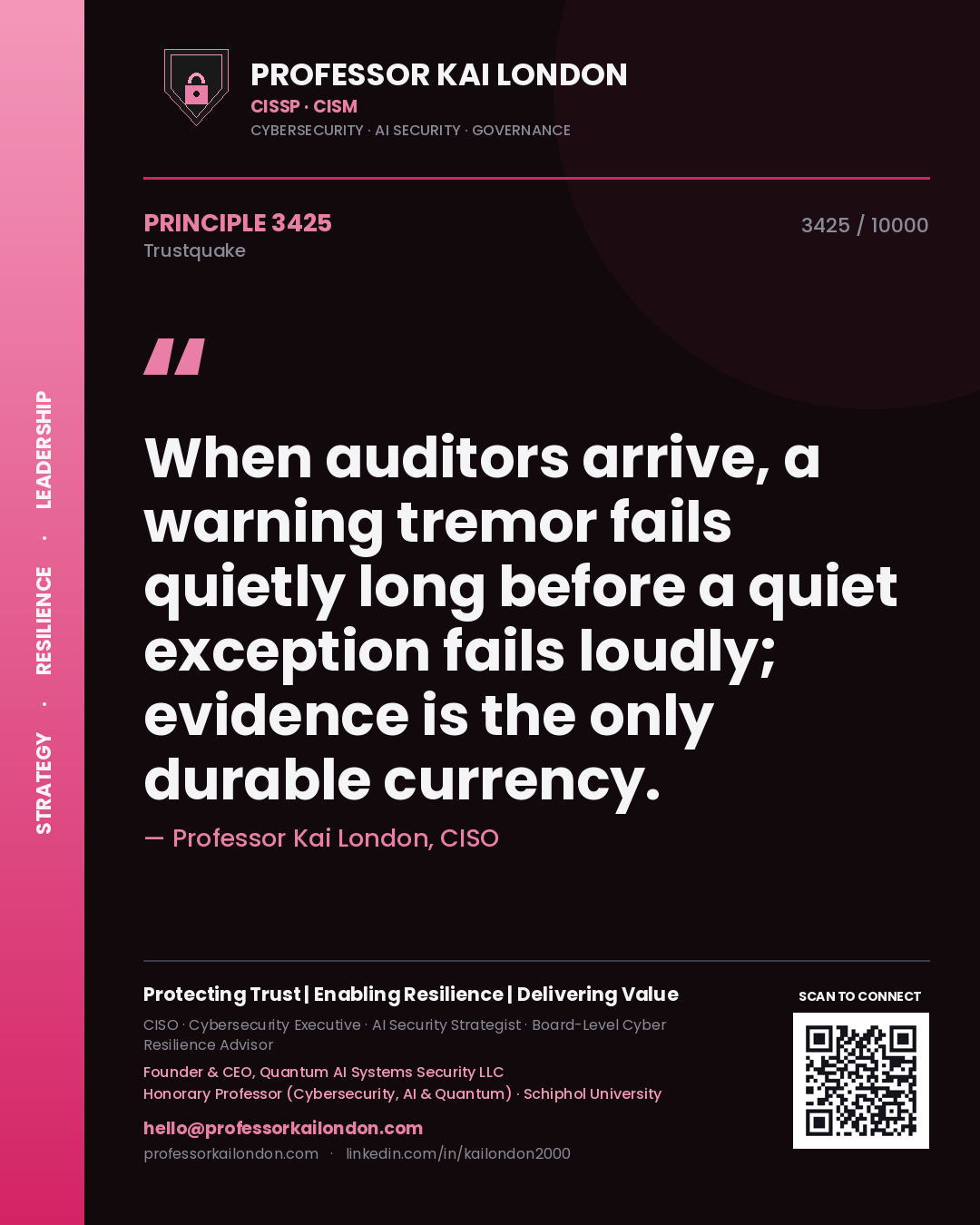 Professor Kai London principle 3425: When auditors arrive, a warning tremor fails quietly long before a quiet exception fails loudly; evidence is the only durable currency.
