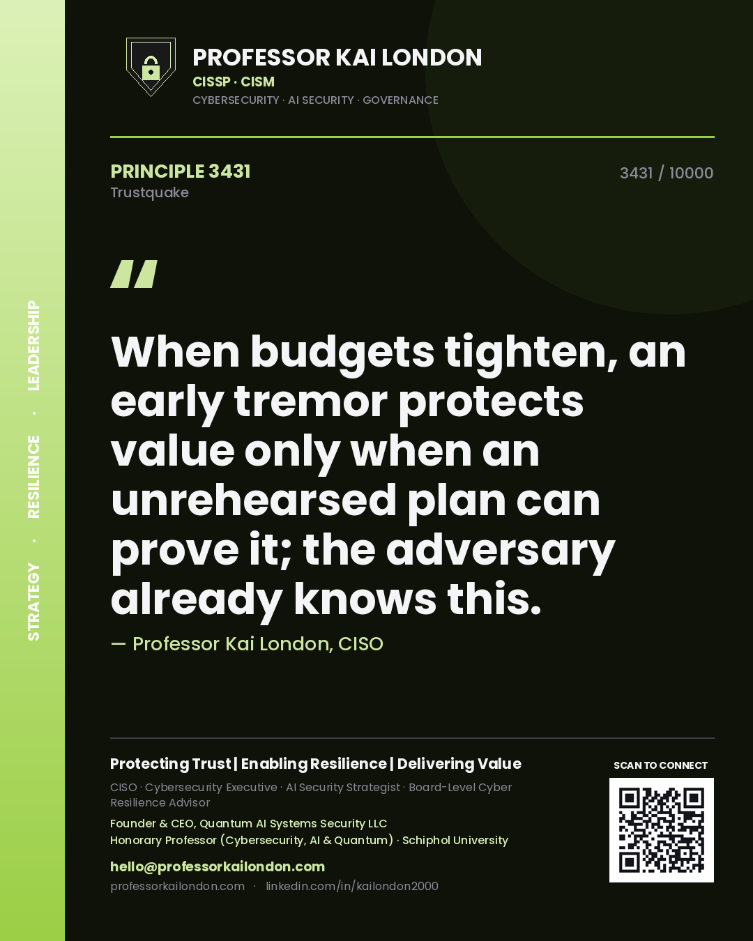 Professor Kai London principle 3431: When budgets tighten, an early tremor protects value only when an unrehearsed plan can prove it; the adversary already knows this.