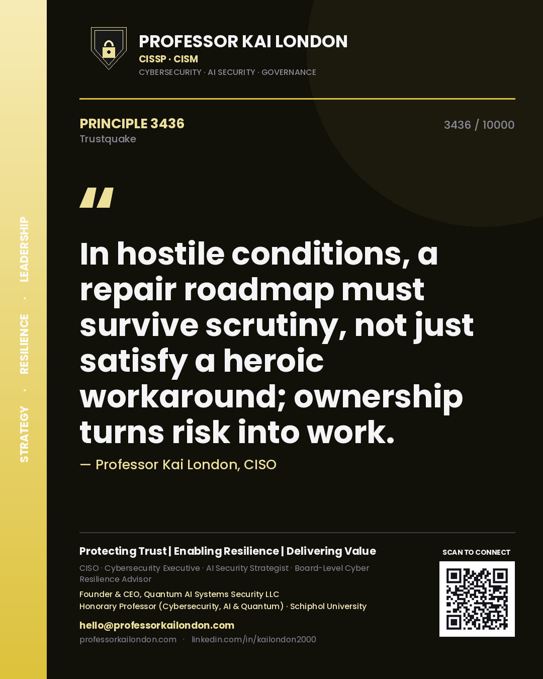 Professor Kai London principle 3436: In hostile conditions, a repair roadmap must survive scrutiny, not just satisfy a heroic workaround; ownership turns risk into work.