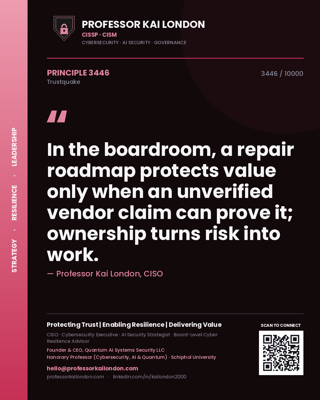 Professor Kai London principle 3446: In the boardroom, a repair roadmap protects value only when an unverified vendor claim can prove it; ownership turns risk into work.
