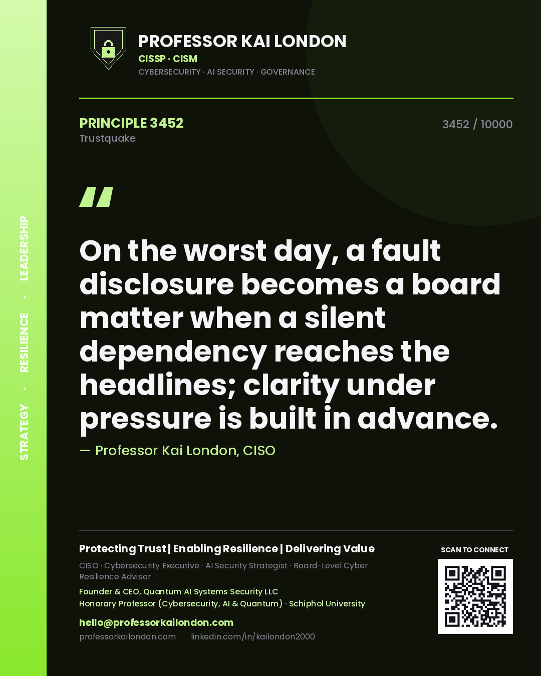 Professor Kai London principle 3452: On the worst day, a fault disclosure becomes a board matter when a silent dependency reaches the headlines; clarity under pressure is built in advance.