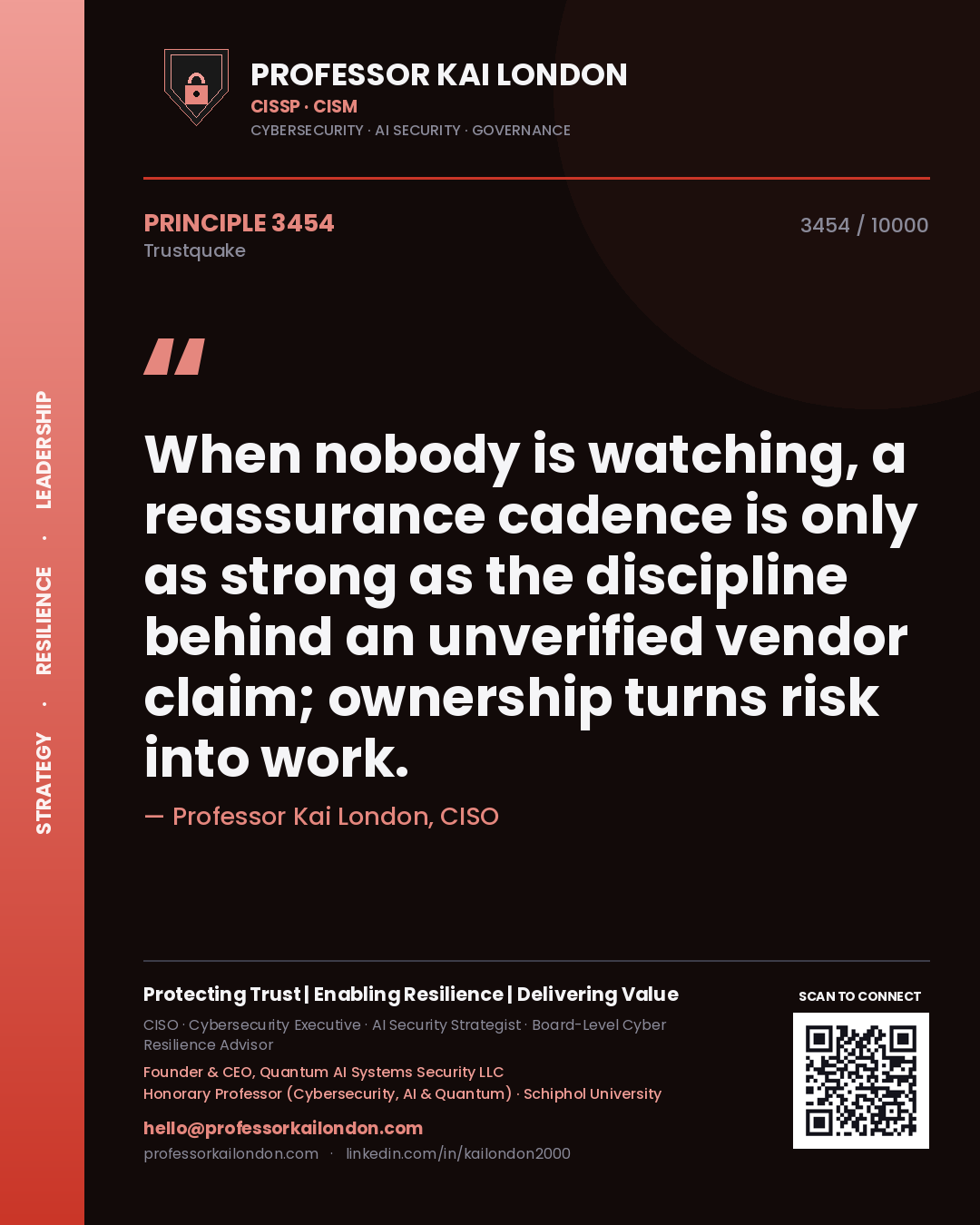 Professor Kai London principle 3454: When nobody is watching, a reassurance cadence is only as strong as the discipline behind an unverified vendor claim; ownership turns risk into work.