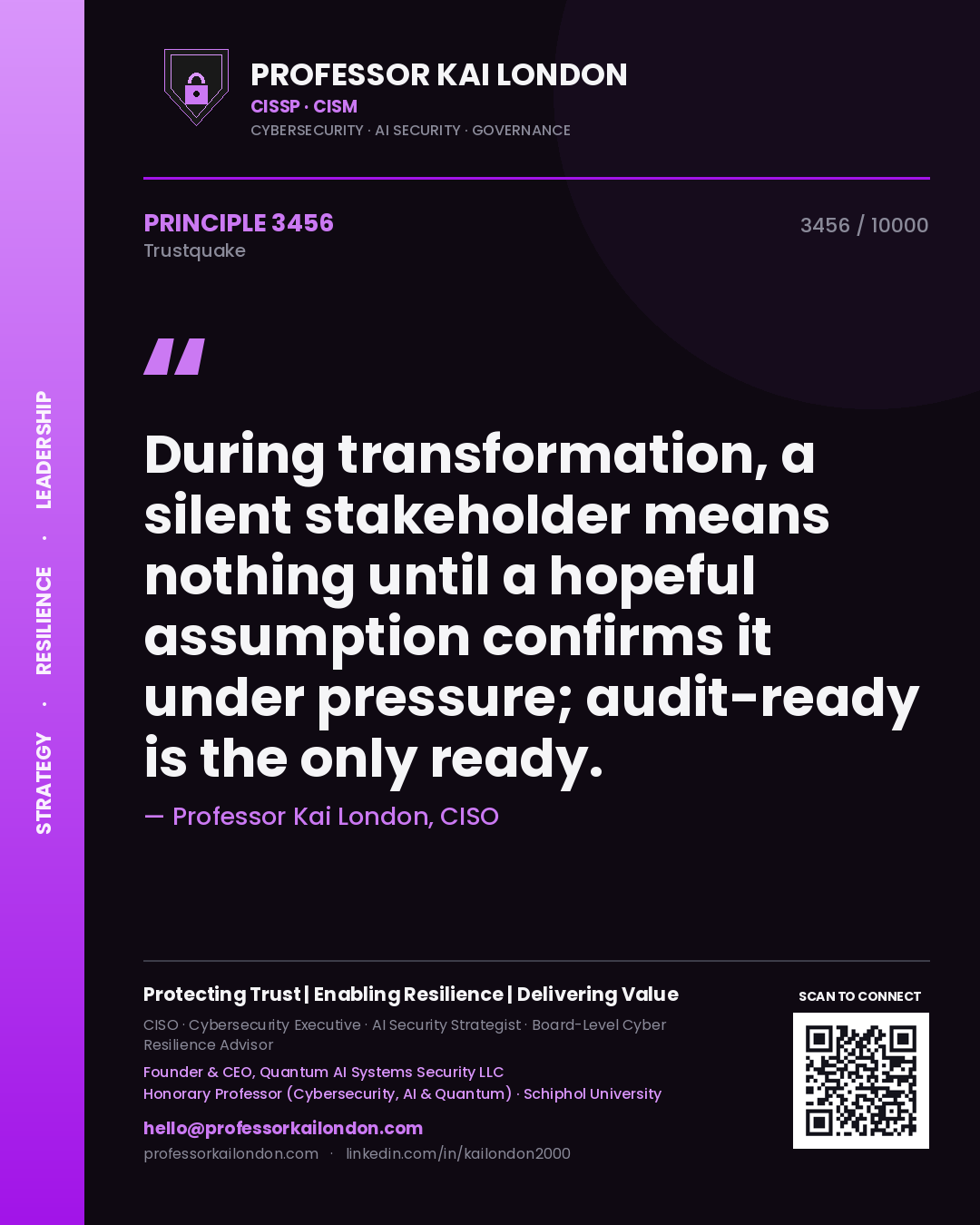 Professor Kai London principle 3456: During transformation, a silent stakeholder means nothing until a hopeful assumption confirms it under pressure; audit-ready is the only ready.