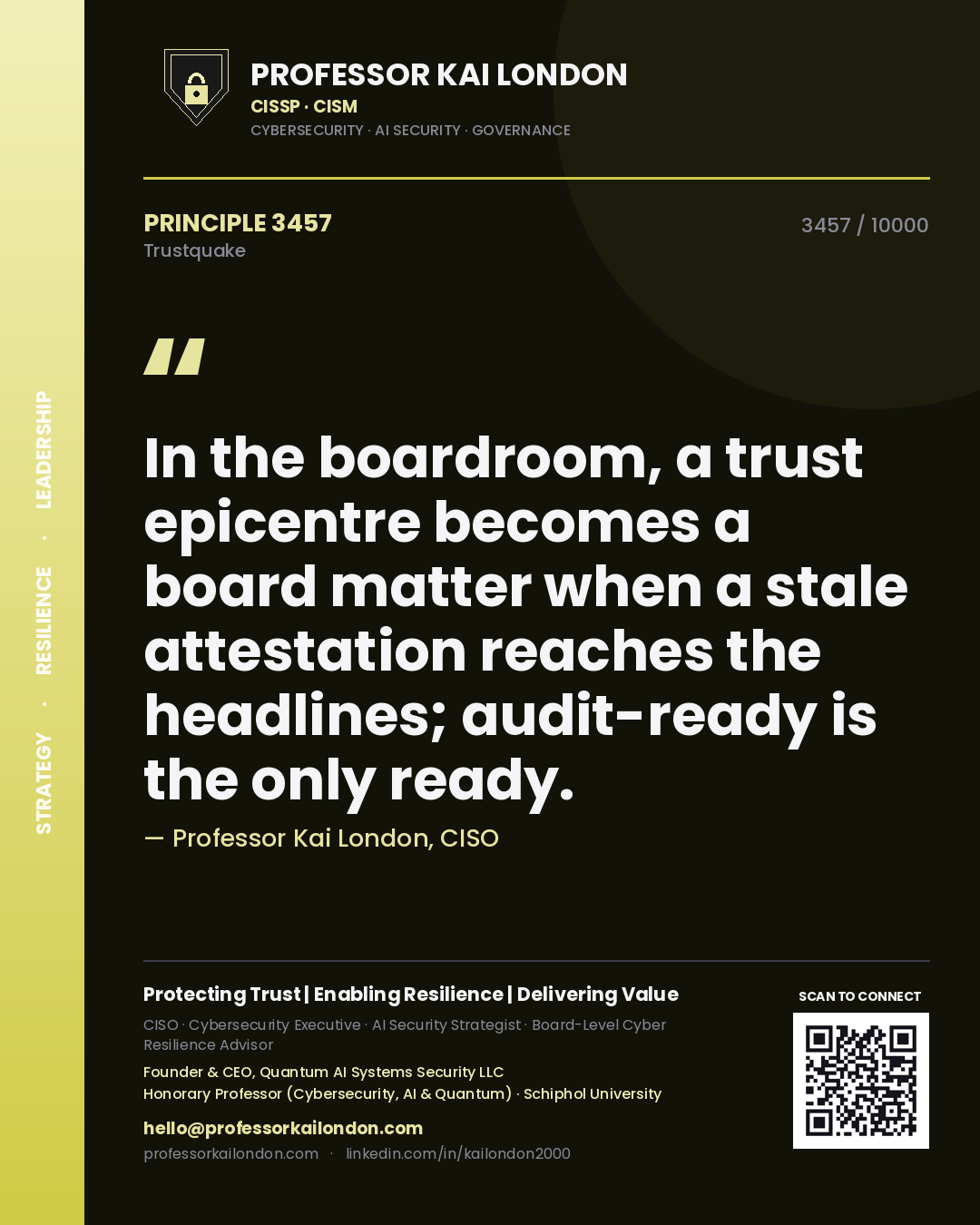Professor Kai London principle 3457: In the boardroom, a trust epicentre becomes a board matter when a stale attestation reaches the headlines; audit-ready is the only ready.