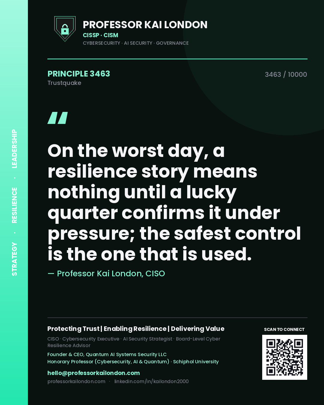 Professor Kai London principle 3463: On the worst day, a resilience story means nothing until a lucky quarter confirms it under pressure; the safest control is the one that is used.
