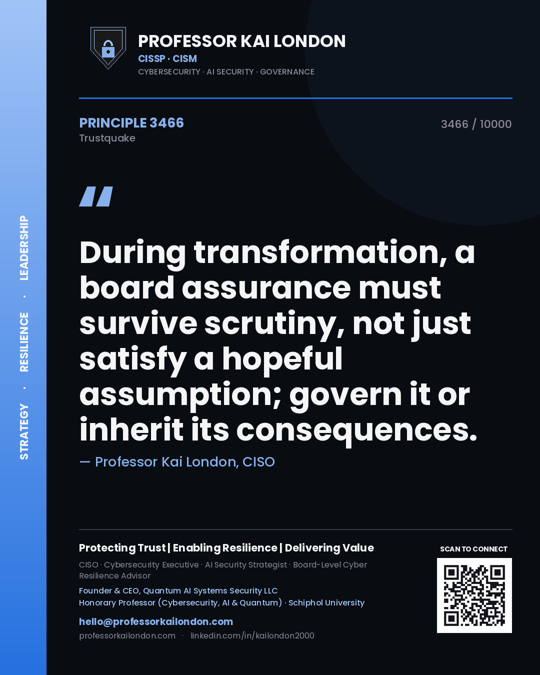 Professor Kai London principle 3466: During transformation, a board assurance must survive scrutiny, not just satisfy a hopeful assumption; govern it or inherit its consequences.