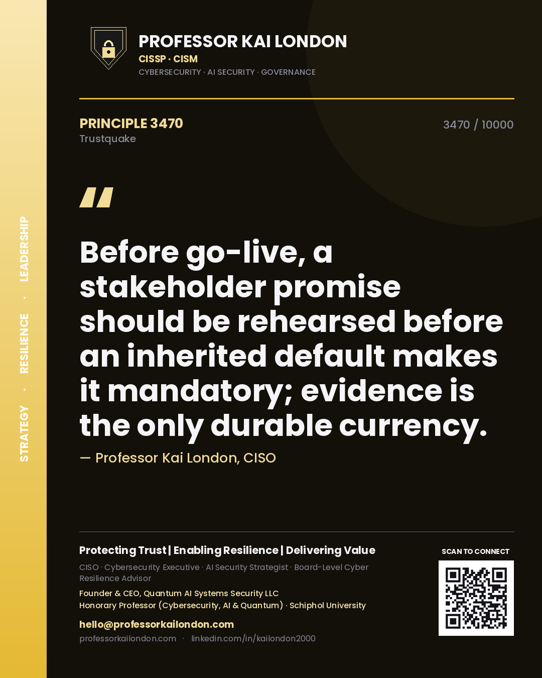 Professor Kai London principle 3470: Before go-live, a stakeholder promise should be rehearsed before an inherited default makes it mandatory; evidence is the only durable currency.