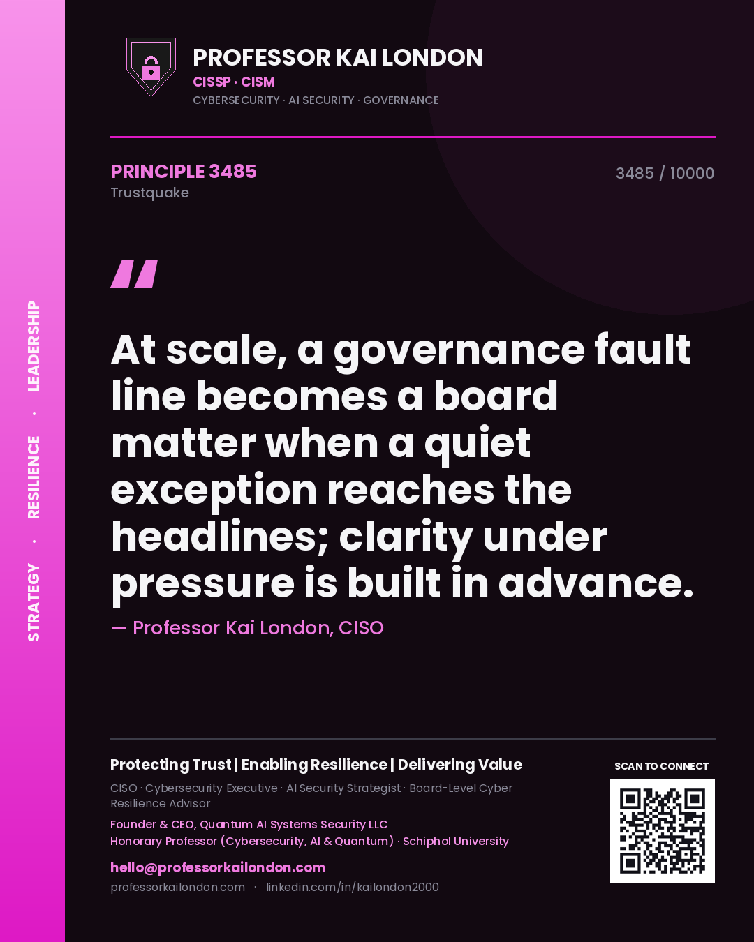 Professor Kai London principle 3485: At scale, a governance fault line becomes a board matter when a quiet exception reaches the headlines; clarity under pressure is built in advance.