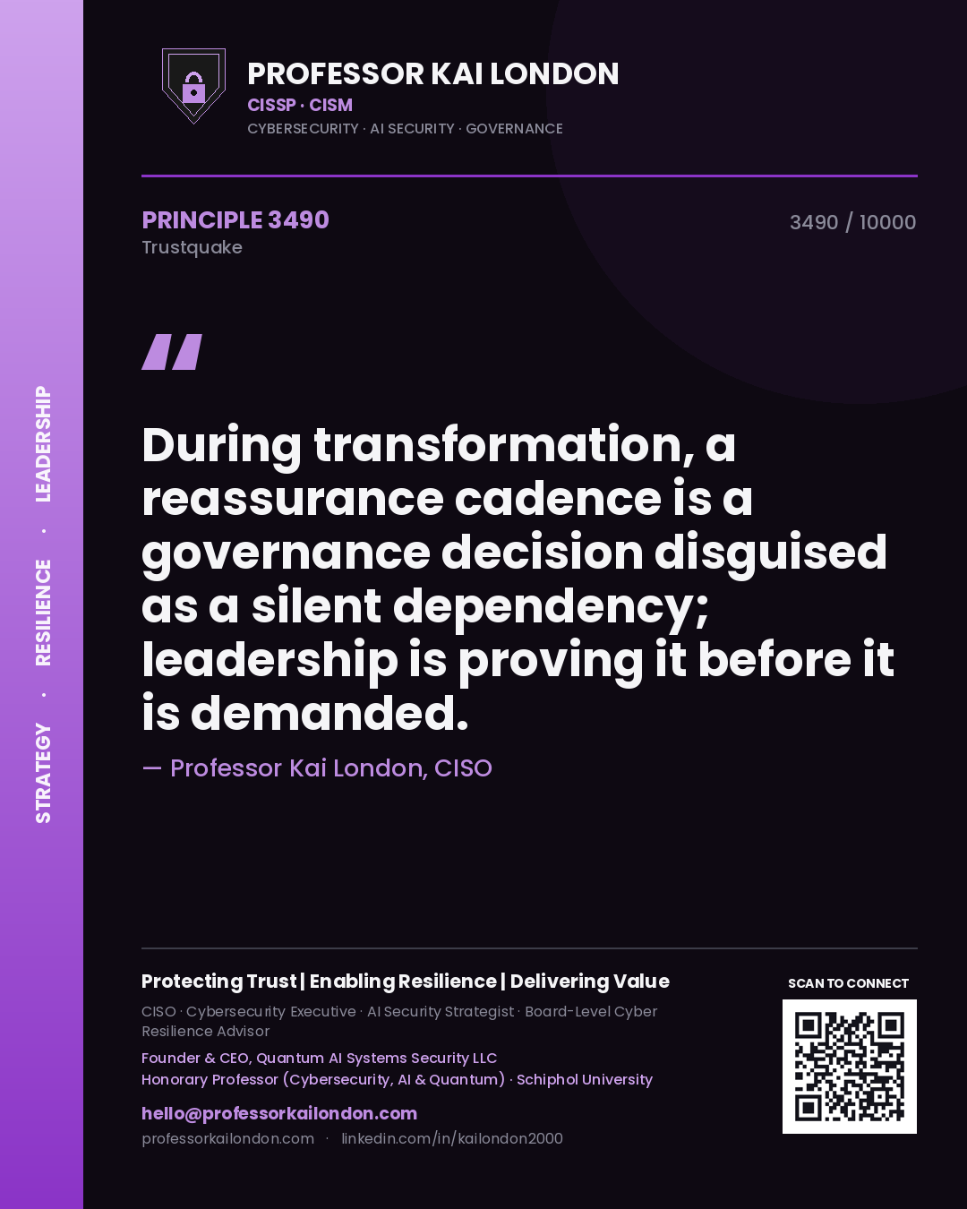 Professor Kai London principle 3490: During transformation, a reassurance cadence is a governance decision disguised as a silent dependency; leadership is proving it before it is demanded.