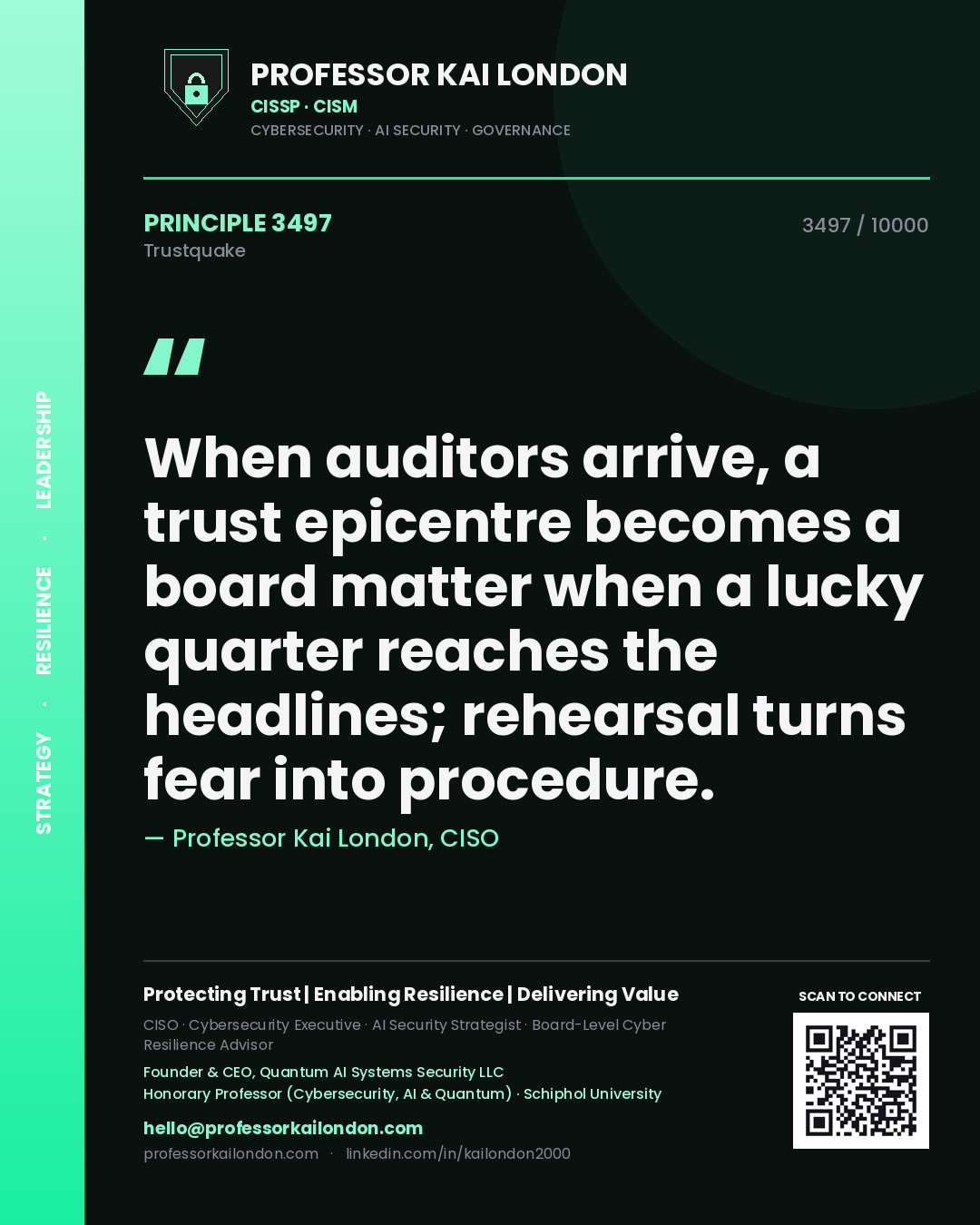 Professor Kai London principle 3497: When auditors arrive, a trust epicentre becomes a board matter when a lucky quarter reaches the headlines; rehearsal turns fear into procedure.