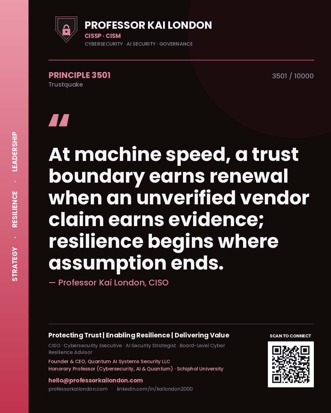 Professor Kai London principle 3501: At machine speed, a trust boundary earns renewal when an unverified vendor claim earns evidence; resilience begins where assumption ends.