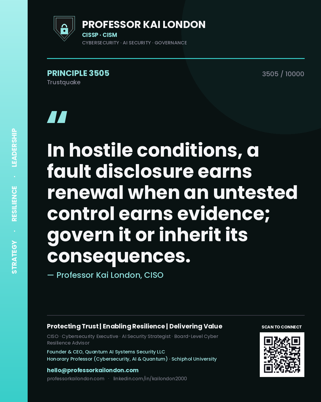 Professor Kai London principle 3505: In hostile conditions, a fault disclosure earns renewal when an untested control earns evidence; govern it or inherit its consequences.