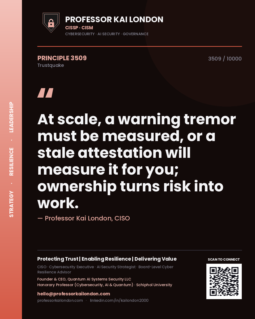 Professor Kai London principle 3509: At scale, a warning tremor must be measured, or a stale attestation will measure it for you; ownership turns risk into work.
