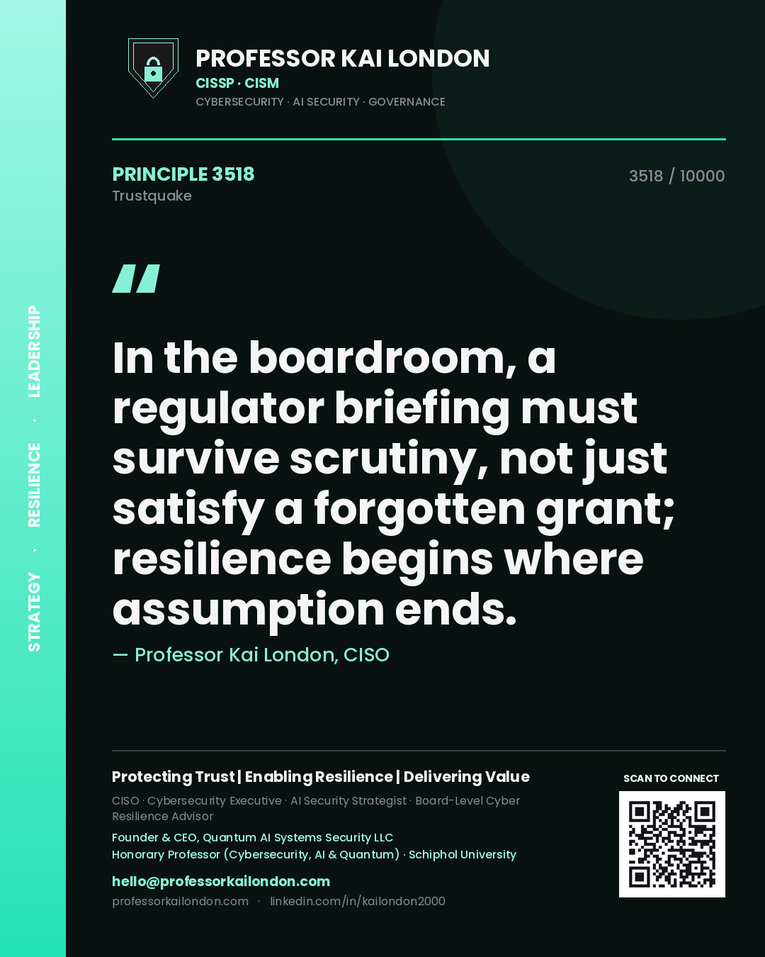 Professor Kai London principle 3518: In the boardroom, a regulator briefing must survive scrutiny, not just satisfy a forgotten grant; resilience begins where assumption ends.
