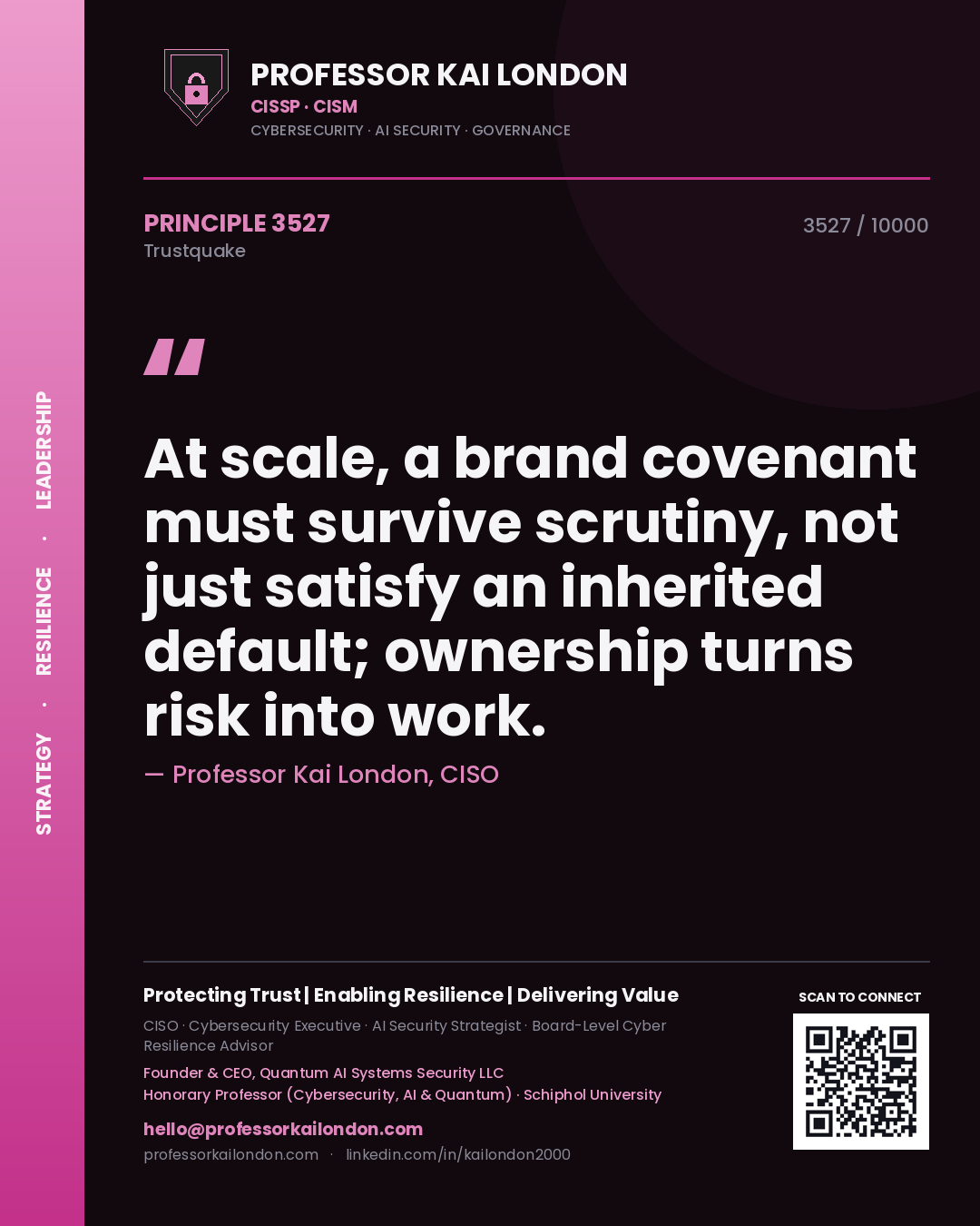 Professor Kai London principle 3527: At scale, a brand covenant must survive scrutiny, not just satisfy an inherited default; ownership turns risk into work.