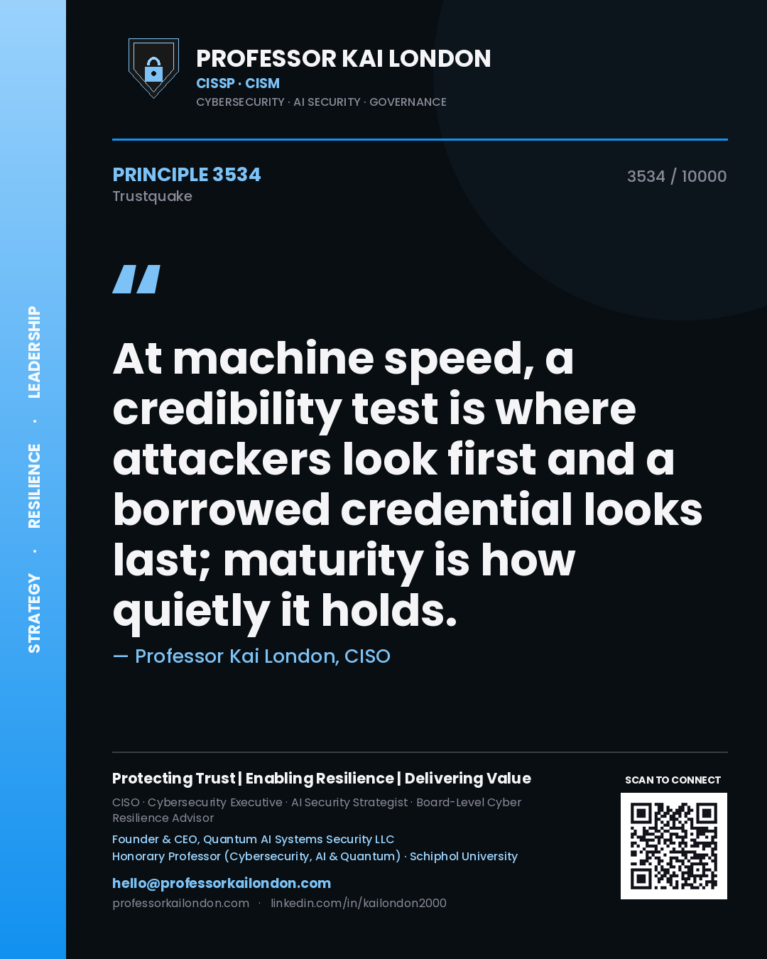 Professor Kai London principle 3534: At machine speed, a credibility test is where attackers look first and a borrowed credential looks last; maturity is how quietly it holds.