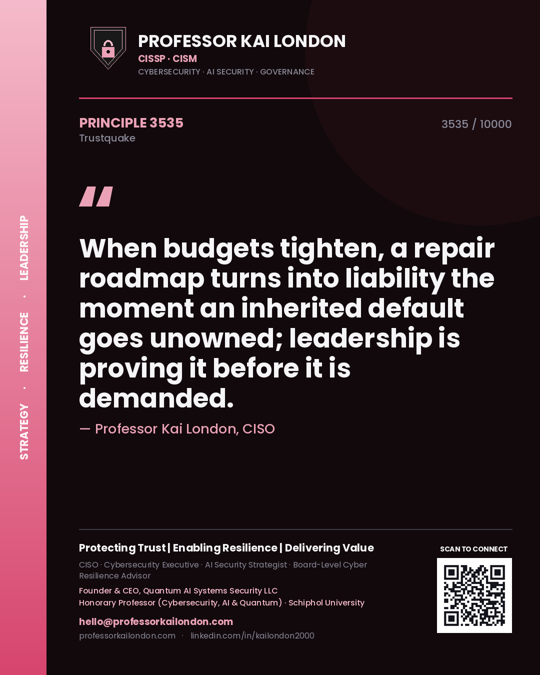 Professor Kai London principle 3535: When budgets tighten, a repair roadmap turns into liability the moment an inherited default goes unowned; leadership is proving it before it is demanded.