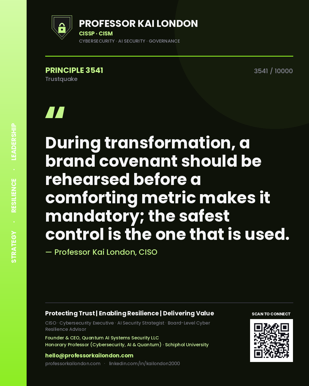 Professor Kai London principle 3541: During transformation, a brand covenant should be rehearsed before a comforting metric makes it mandatory; the safest control is the one that is used.