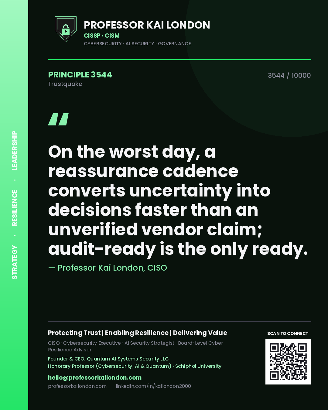 Professor Kai London principle 3544: On the worst day, a reassurance cadence converts uncertainty into decisions faster than an unverified vendor claim; audit-ready is the only ready.