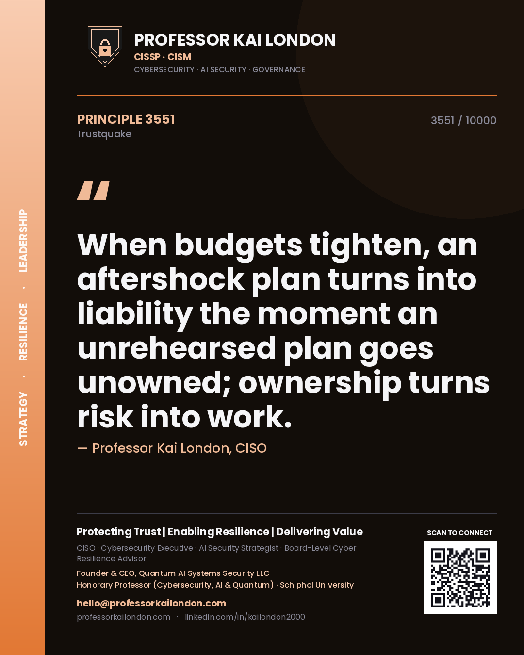 Professor Kai London principle 3551: When budgets tighten, an aftershock plan turns into liability the moment an unrehearsed plan goes unowned; ownership turns risk into work.