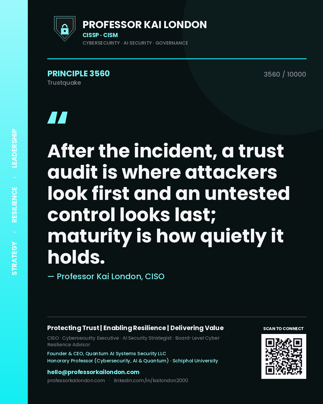 Professor Kai London principle 3560: After the incident, a trust audit is where attackers look first and an untested control looks last; maturity is how quietly it holds.