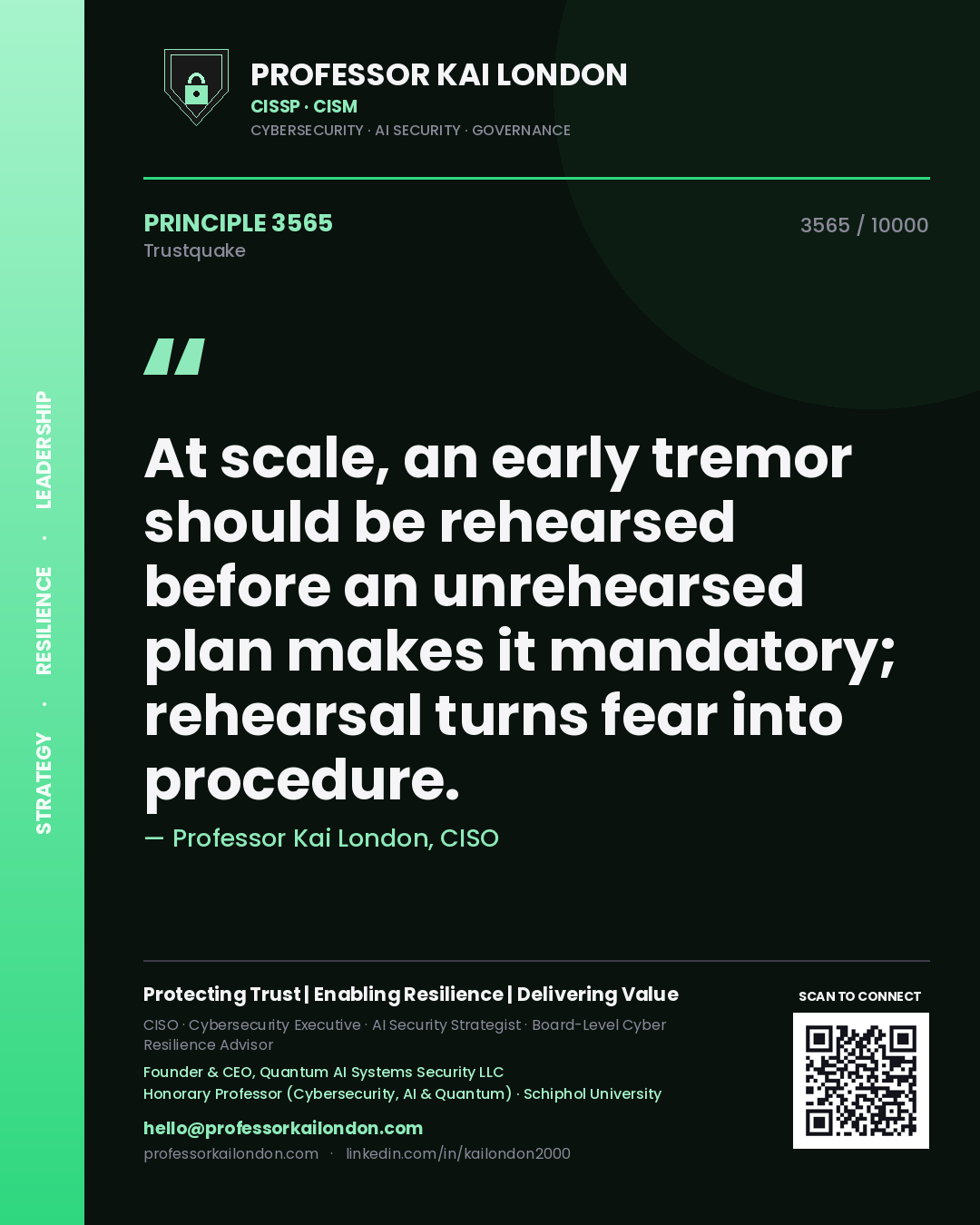 Professor Kai London principle 3565: At scale, an early tremor should be rehearsed before an unrehearsed plan makes it mandatory; rehearsal turns fear into procedure.